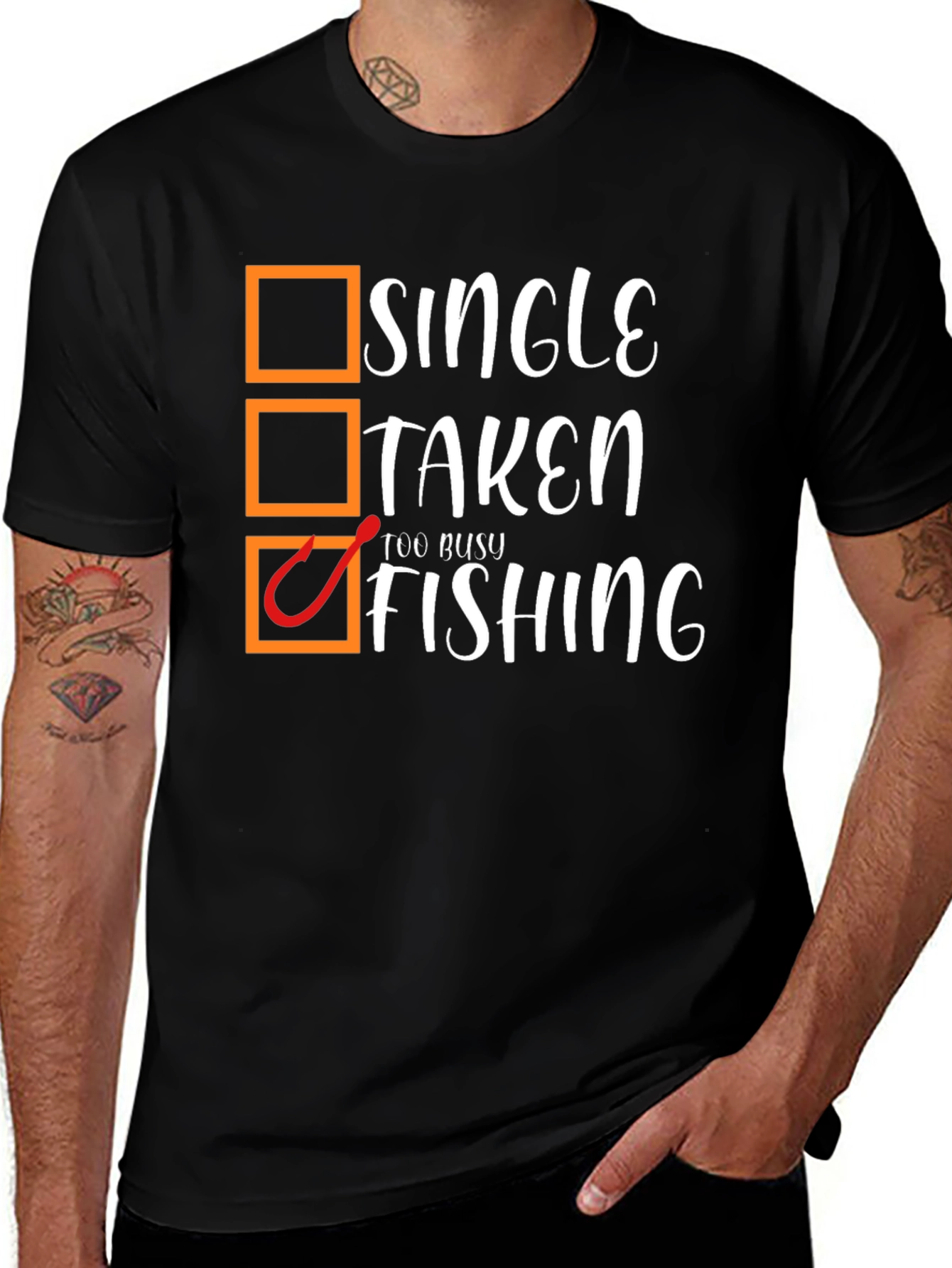 Single Taken Too Busy Fishing Black Graphic T-Shirt