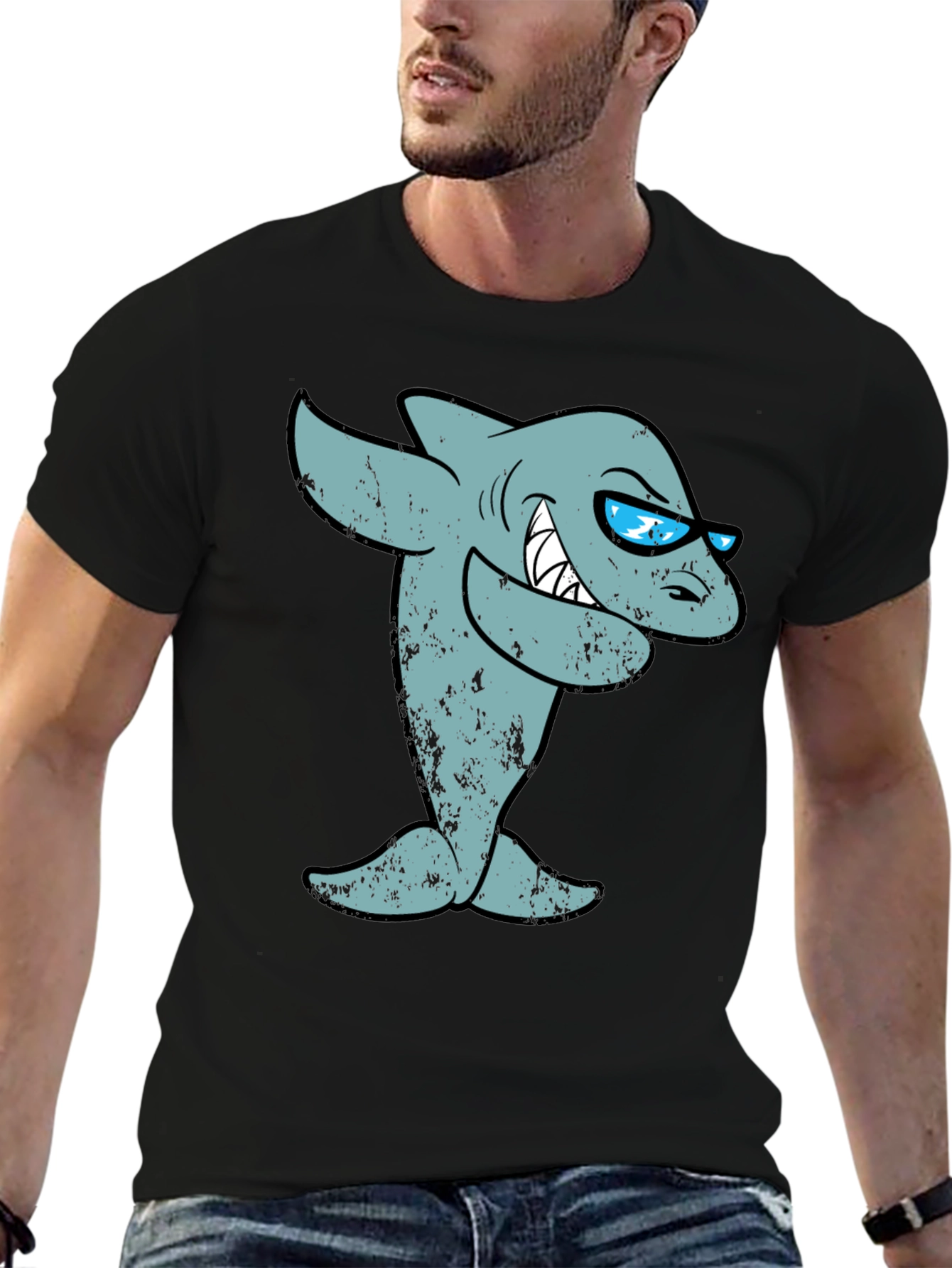 Cool Cartoon Shark Graphic Tee - Black Cotton T-Shirt