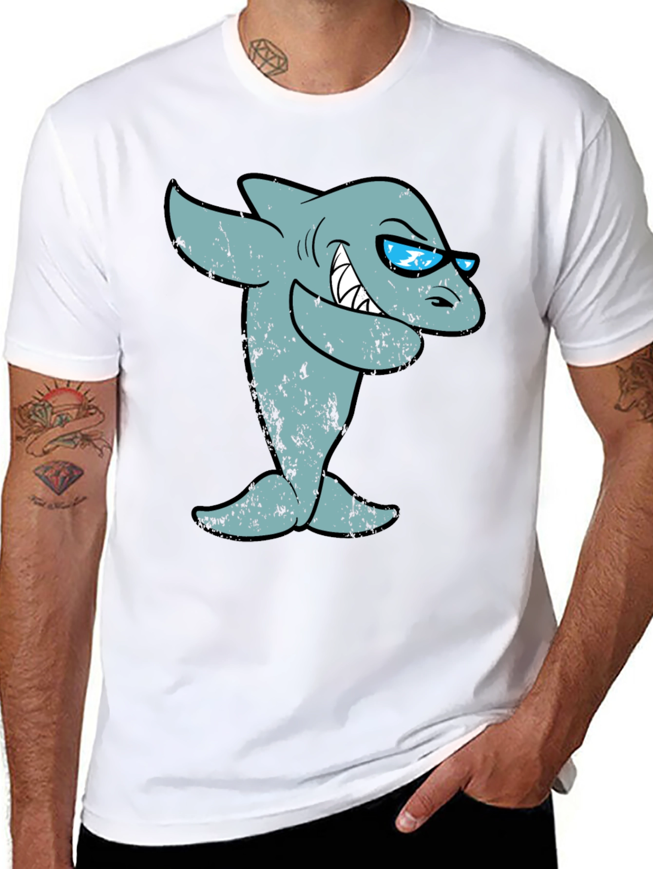 Cool Cartoon Shark Graphic Tee - Black Cotton T-Shirt