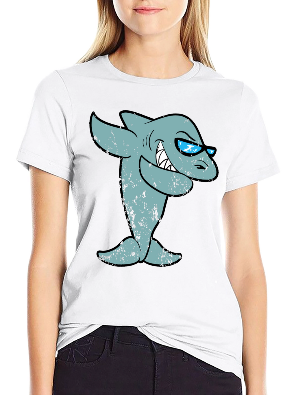 Cool Cartoon Shark Graphic Tee - Black Cotton T-Shirt