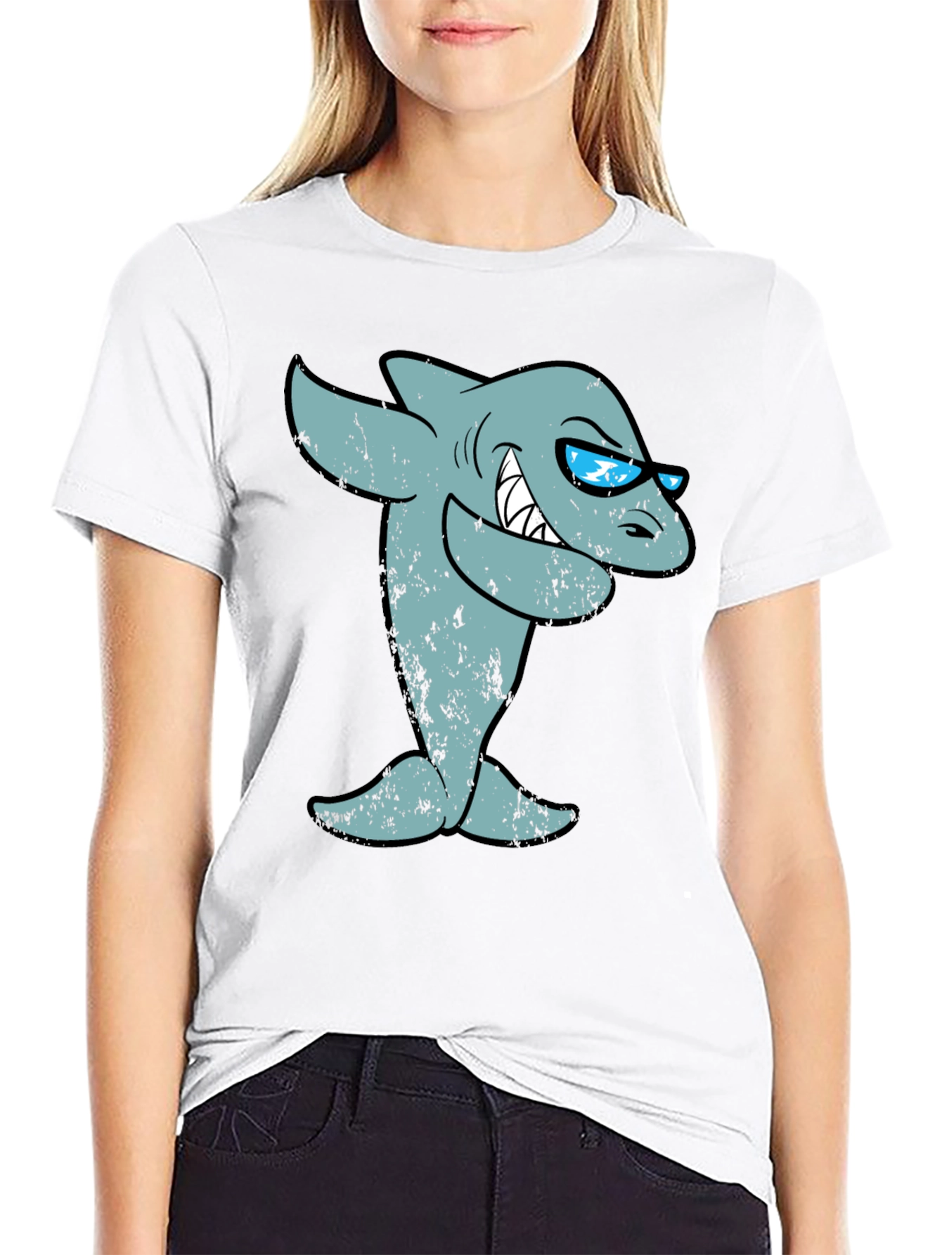 Cool Cartoon Shark Graphic Tee - Black Cotton T-Shirt