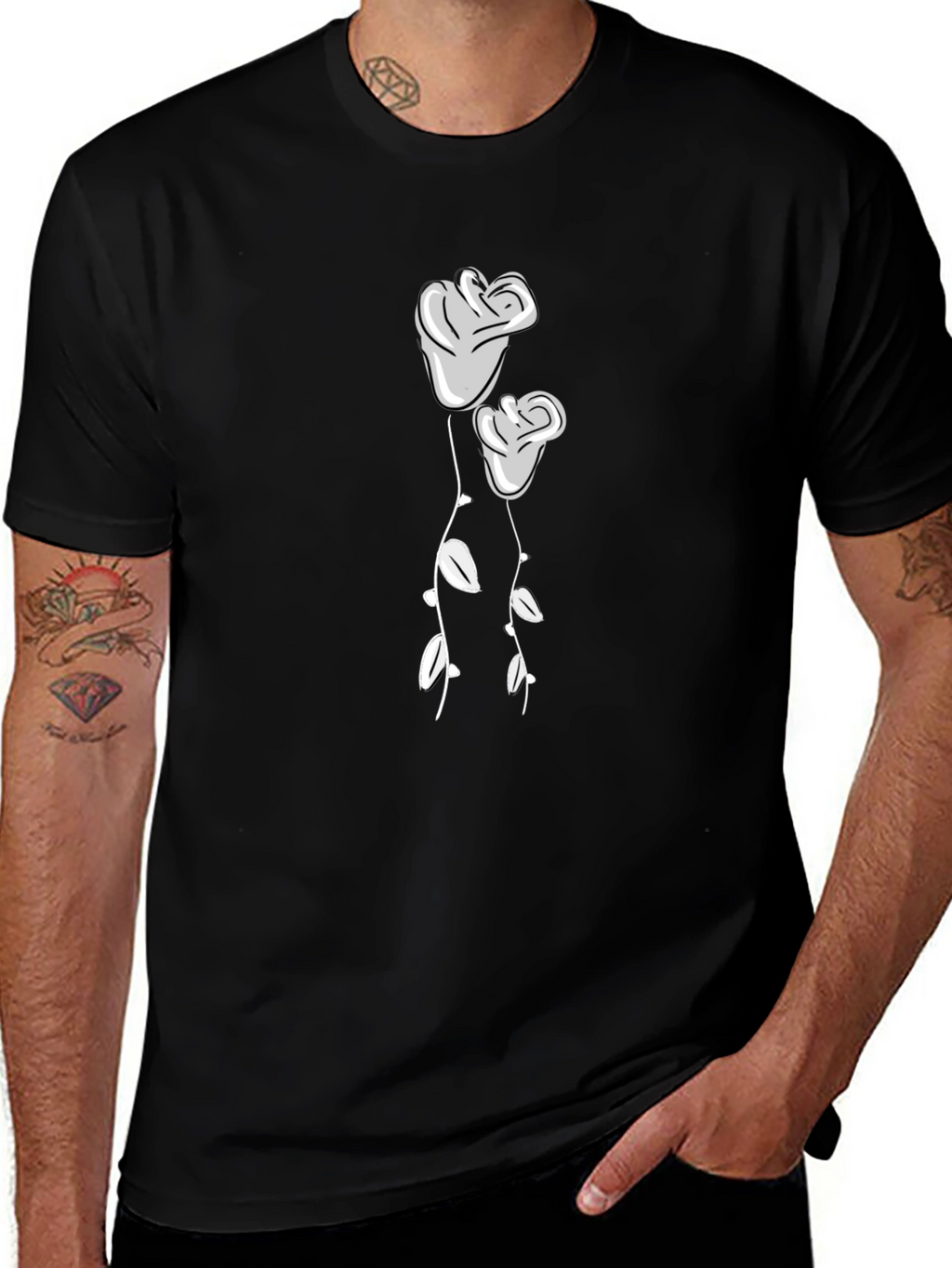 Black T-Shirt with Two Roses Graphic