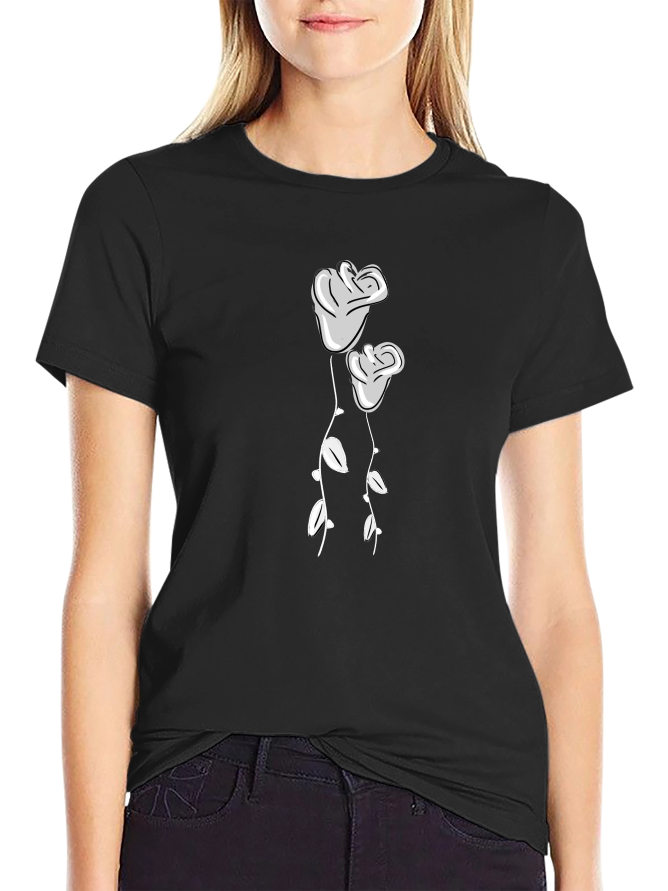Black T-Shirt with Two Roses Graphic