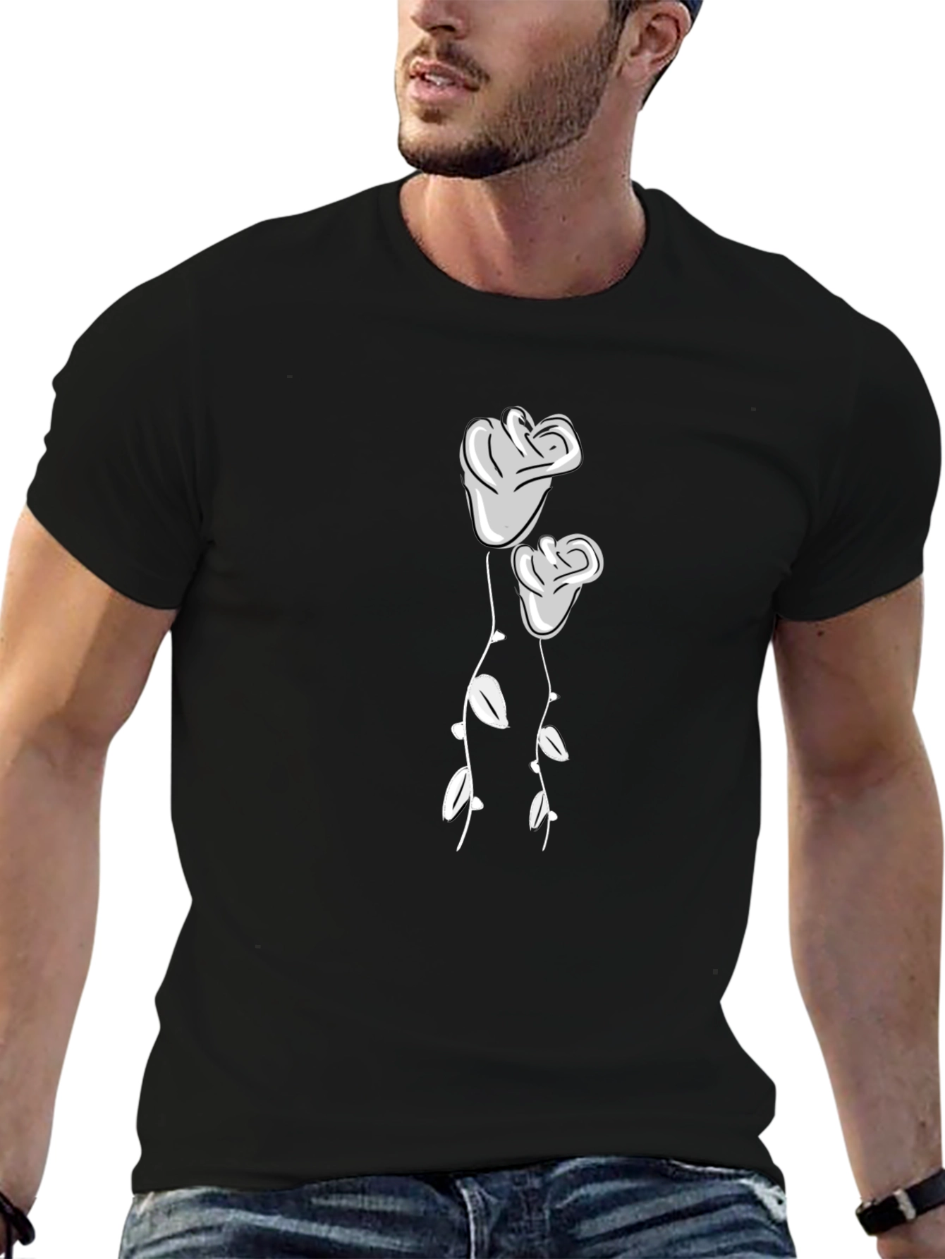 Black T-Shirt with Two Roses Graphic