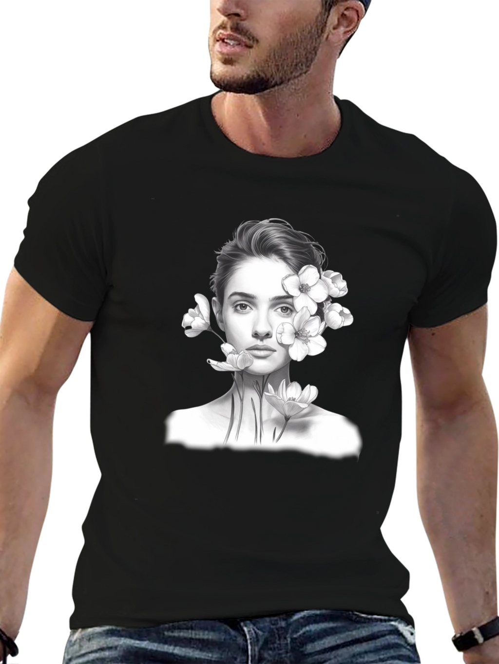 Floral Portrait Graphic Tee - Black
