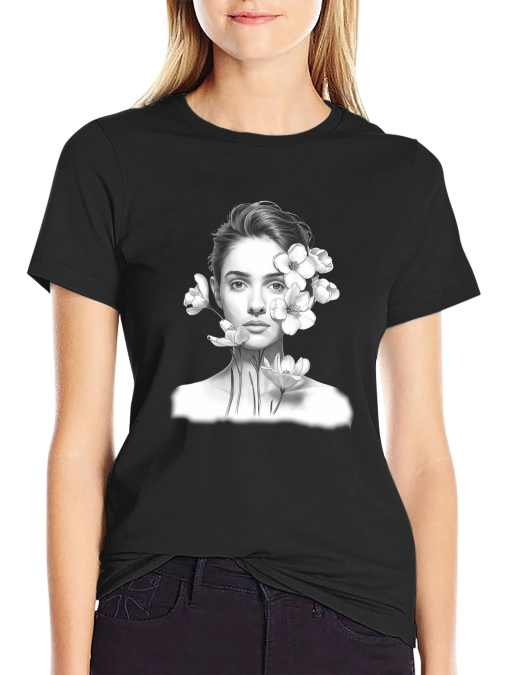 Floral Portrait Graphic Tee - Black
