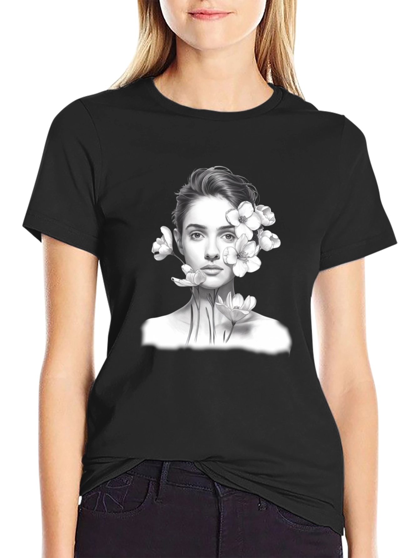 Floral Portrait Graphic Tee - Black