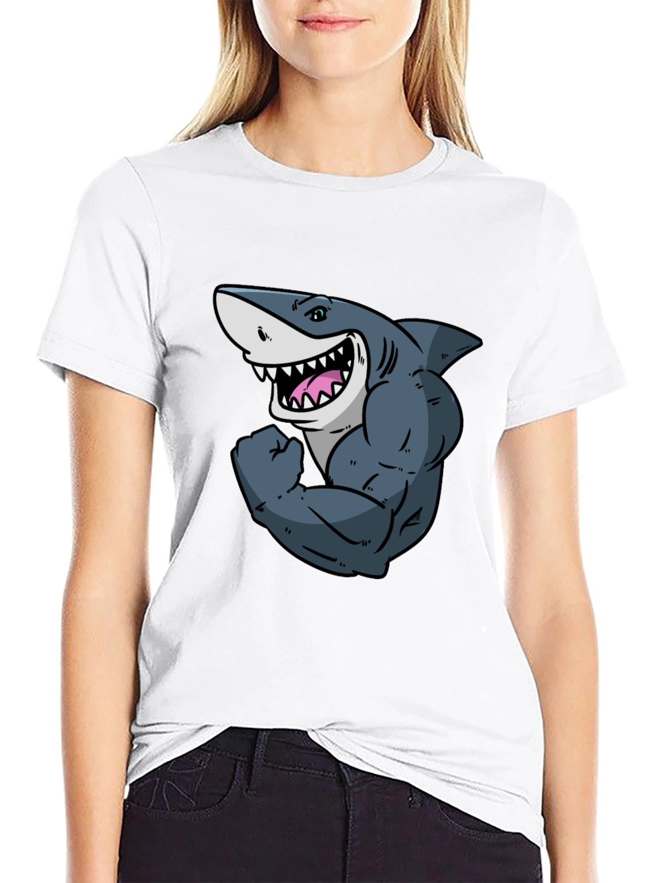 Shark with Muscles Graphic T-Shirt - Black