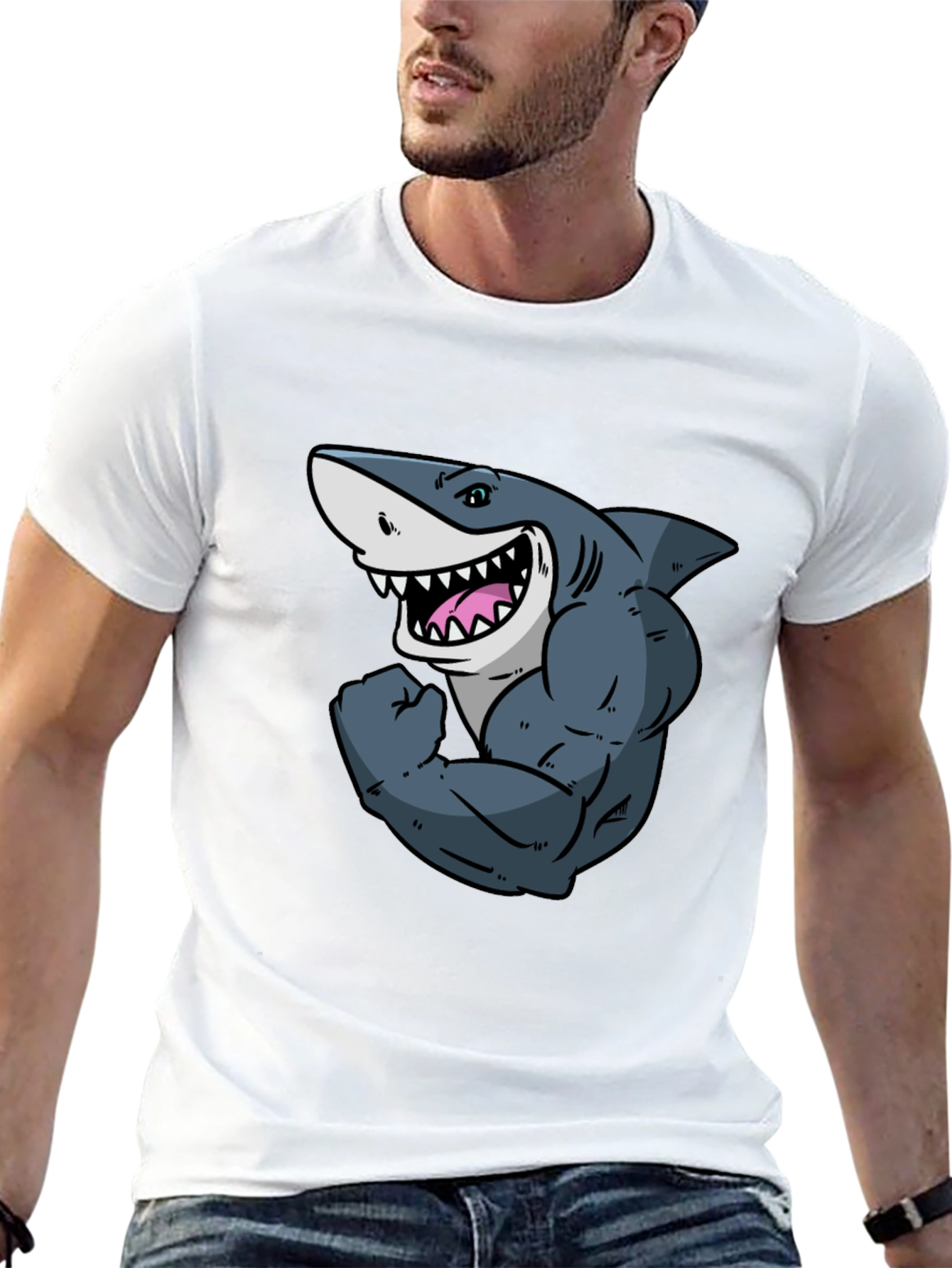 Shark with Muscles Graphic T-Shirt - Black
