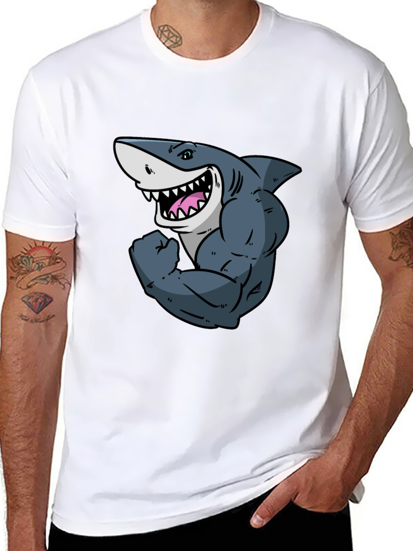 Shark with Muscles Graphic T-Shirt - Black