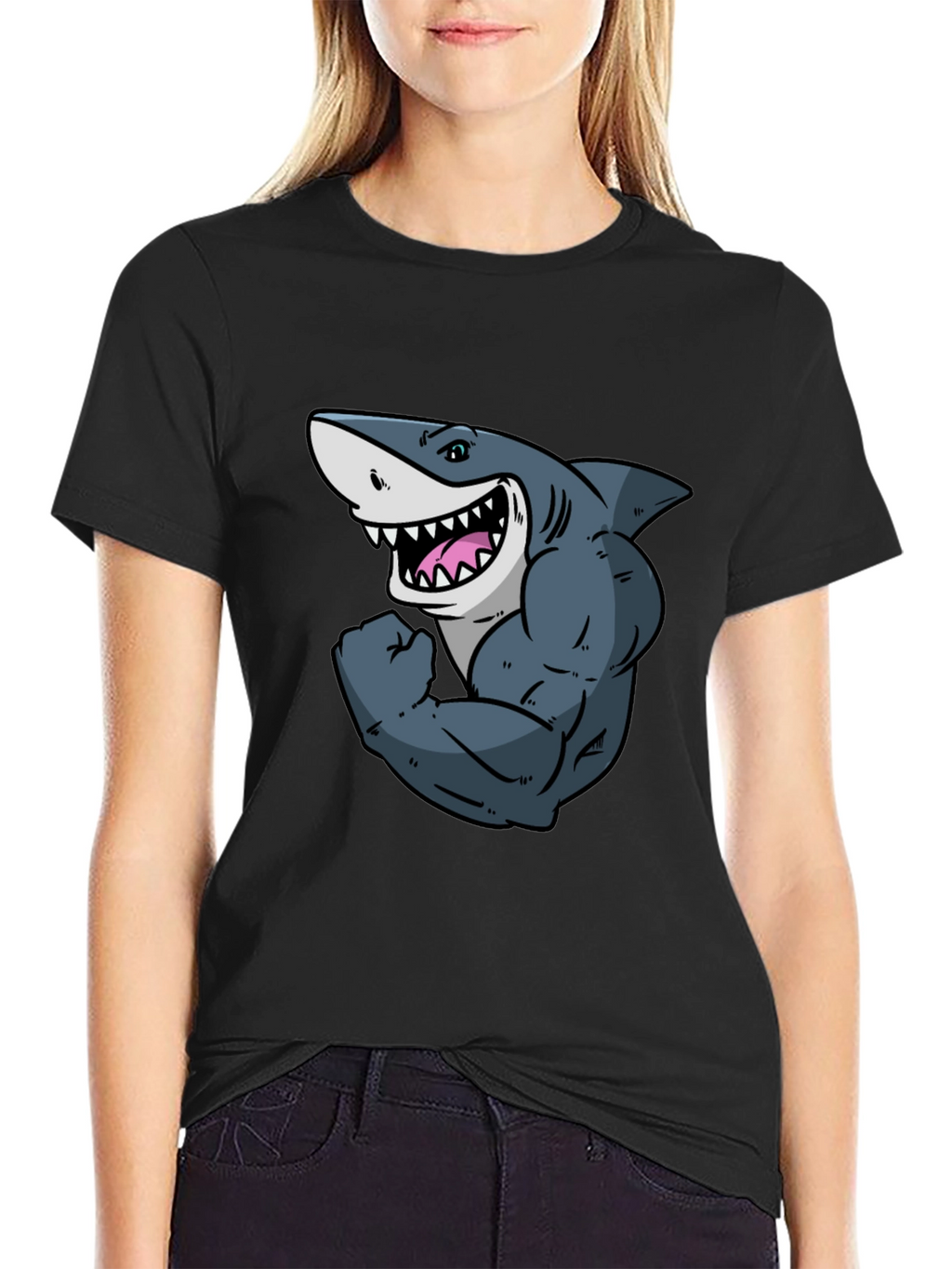 Shark with Muscles Graphic T-Shirt - Black