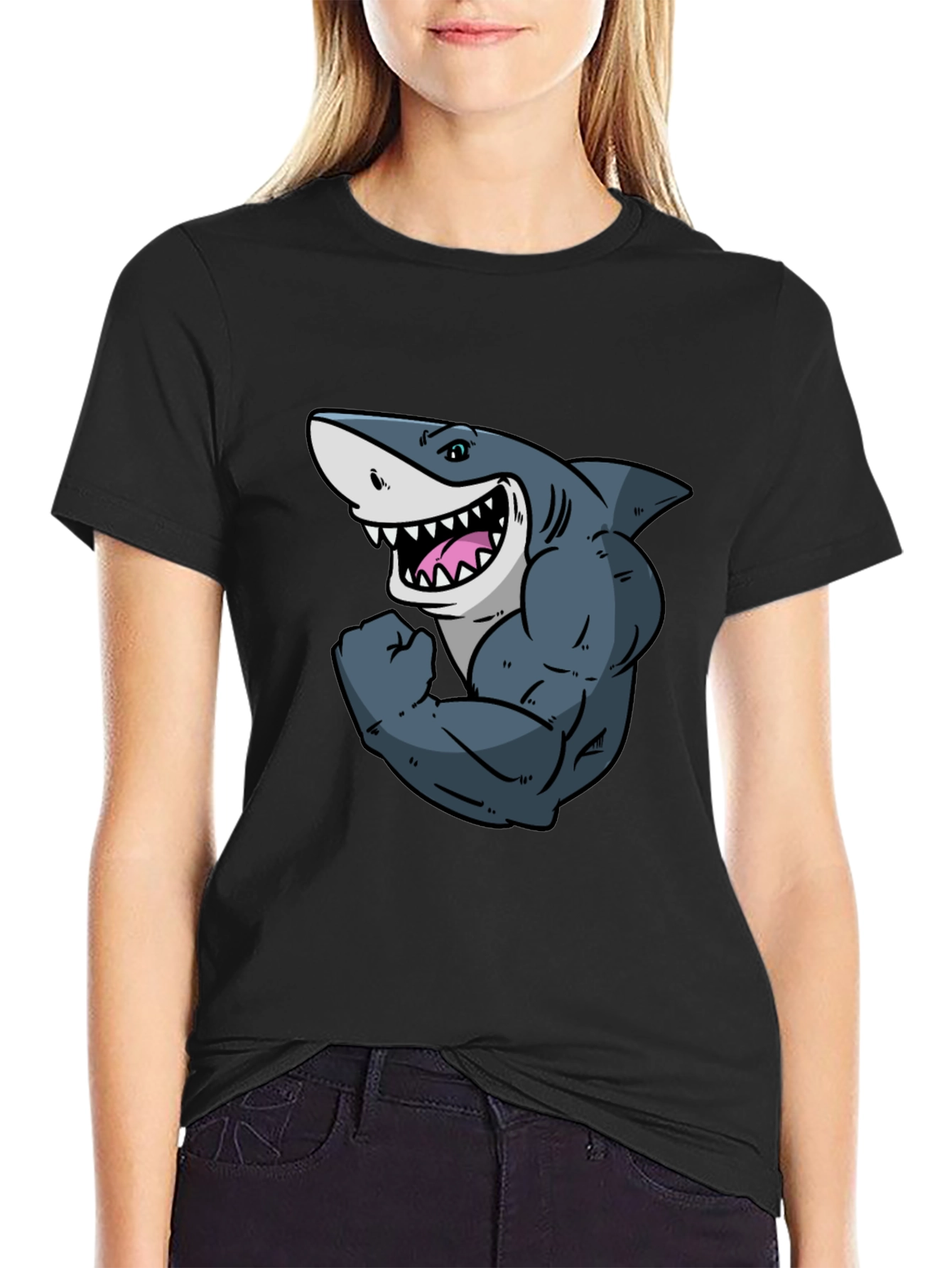 Shark with Muscles Graphic T-Shirt - Black