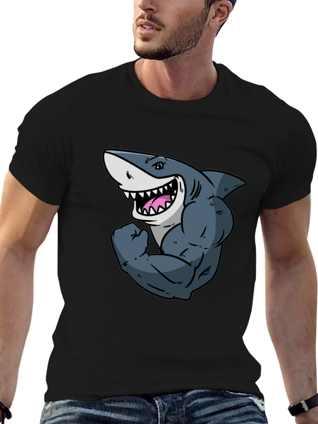 Shark with Muscles Graphic T-Shirt - Black