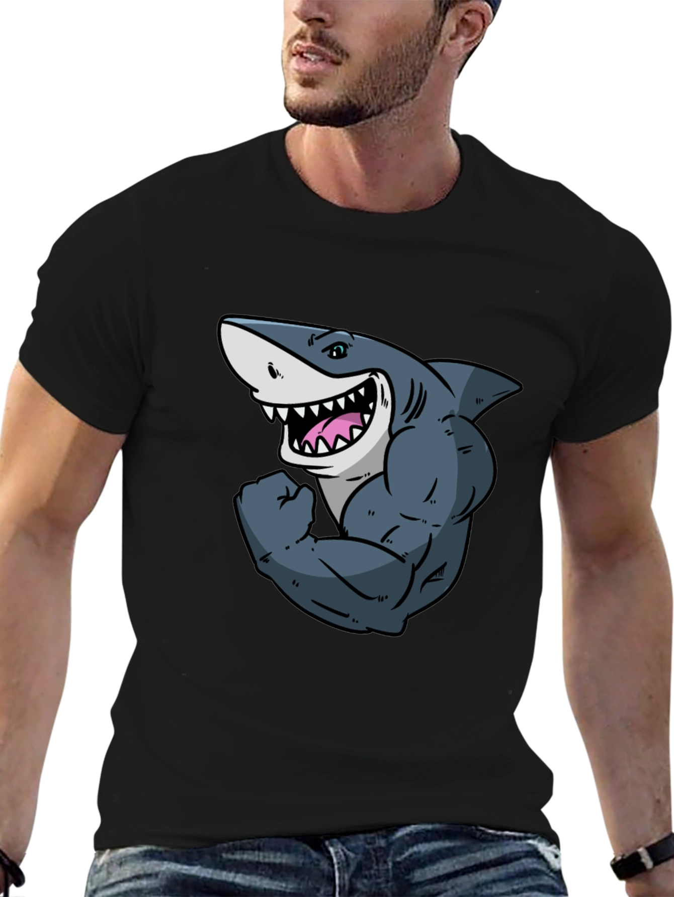 Shark with Muscles Graphic T-Shirt - Black