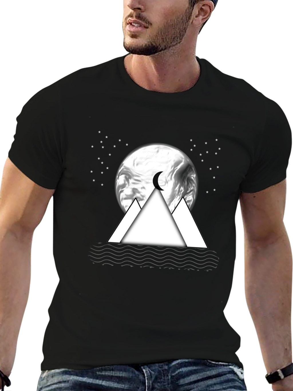 Mens Black T-Shirt with Moon & Mountain Graphic
