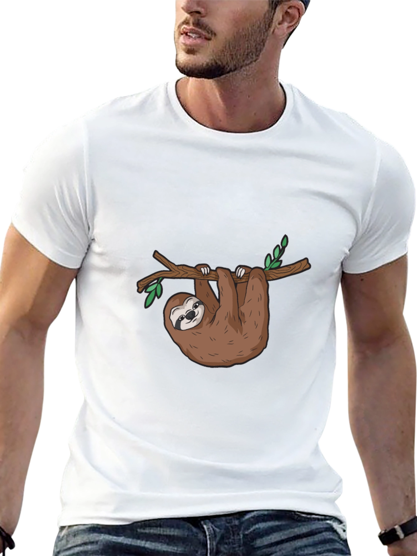 Sloth Graphic T-Shirt - Cute Cartoon Sloth Hanging On Tree