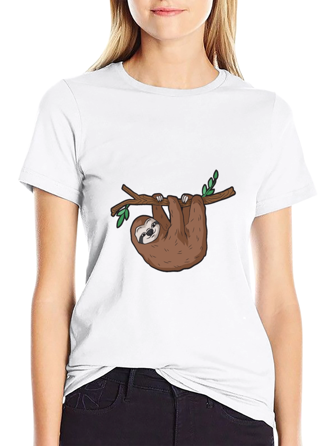 Sloth Graphic T-Shirt - Cute Cartoon Sloth Hanging On Tree