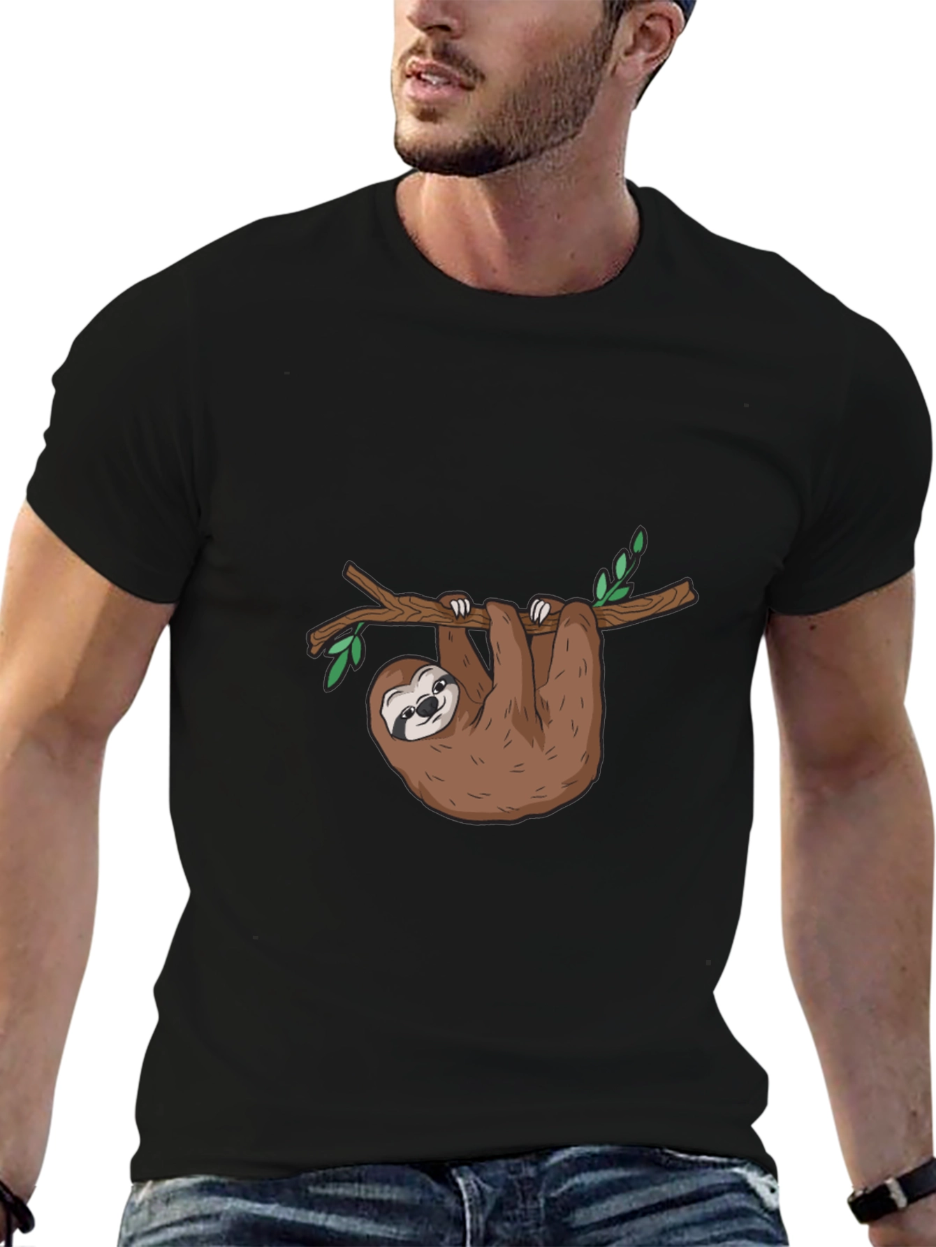 Sloth Graphic T-Shirt - Cute Cartoon Sloth Hanging On Tree