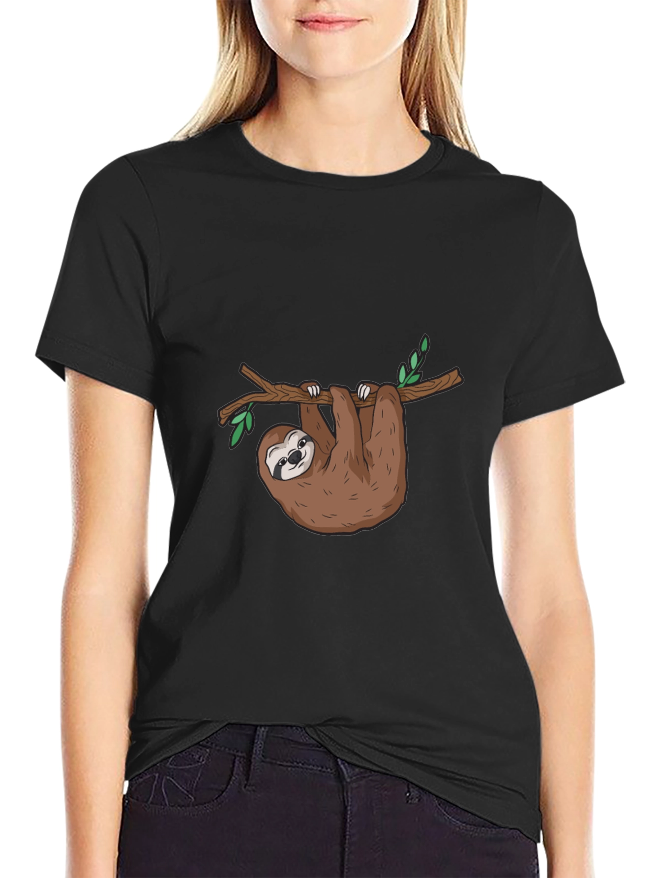 Sloth Graphic T-Shirt - Cute Cartoon Sloth Hanging On Tree