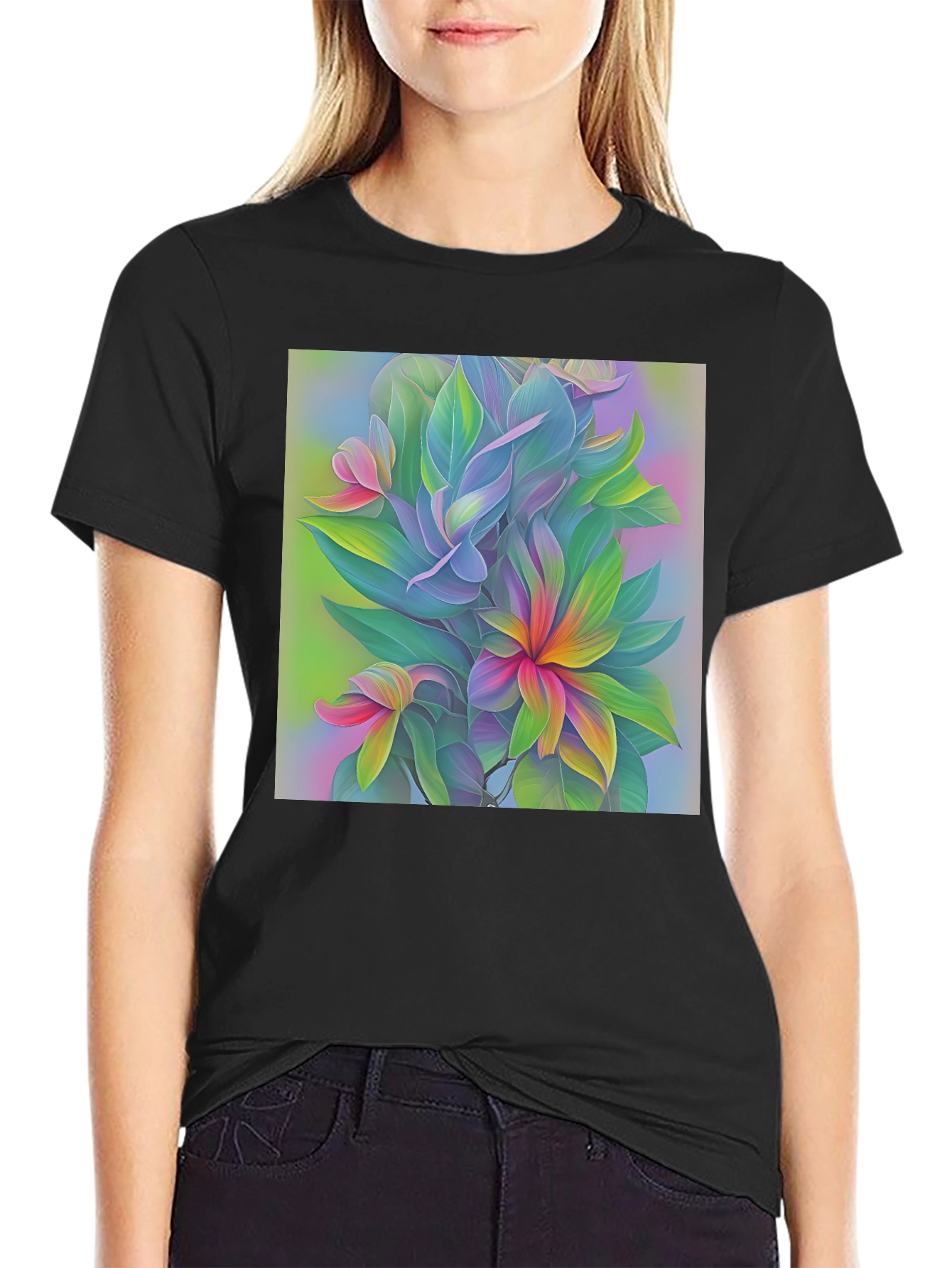 Floral Art Print Black T-Shirt