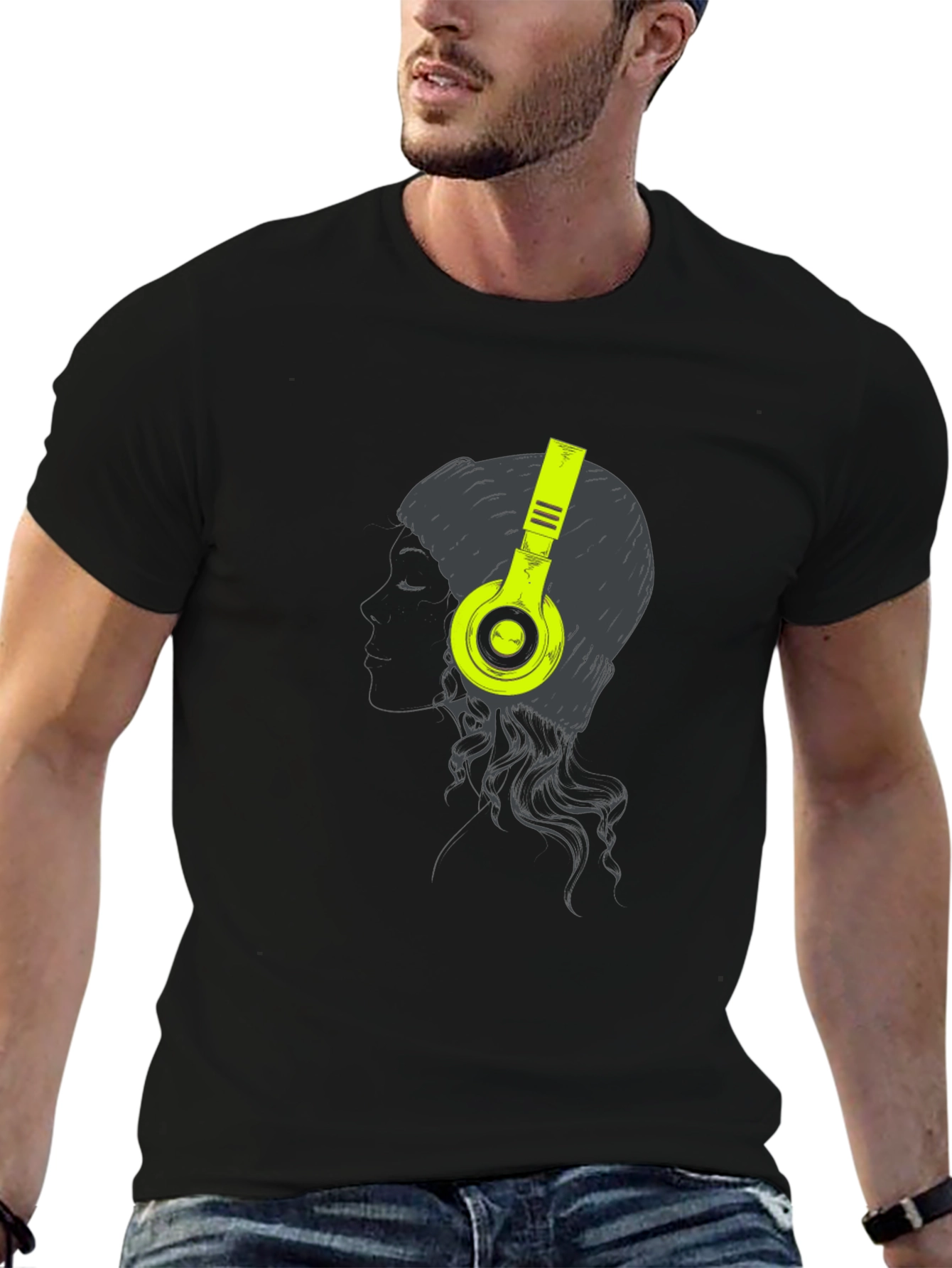 Headphone Graphic Tee - Black Cotton T-Shirt