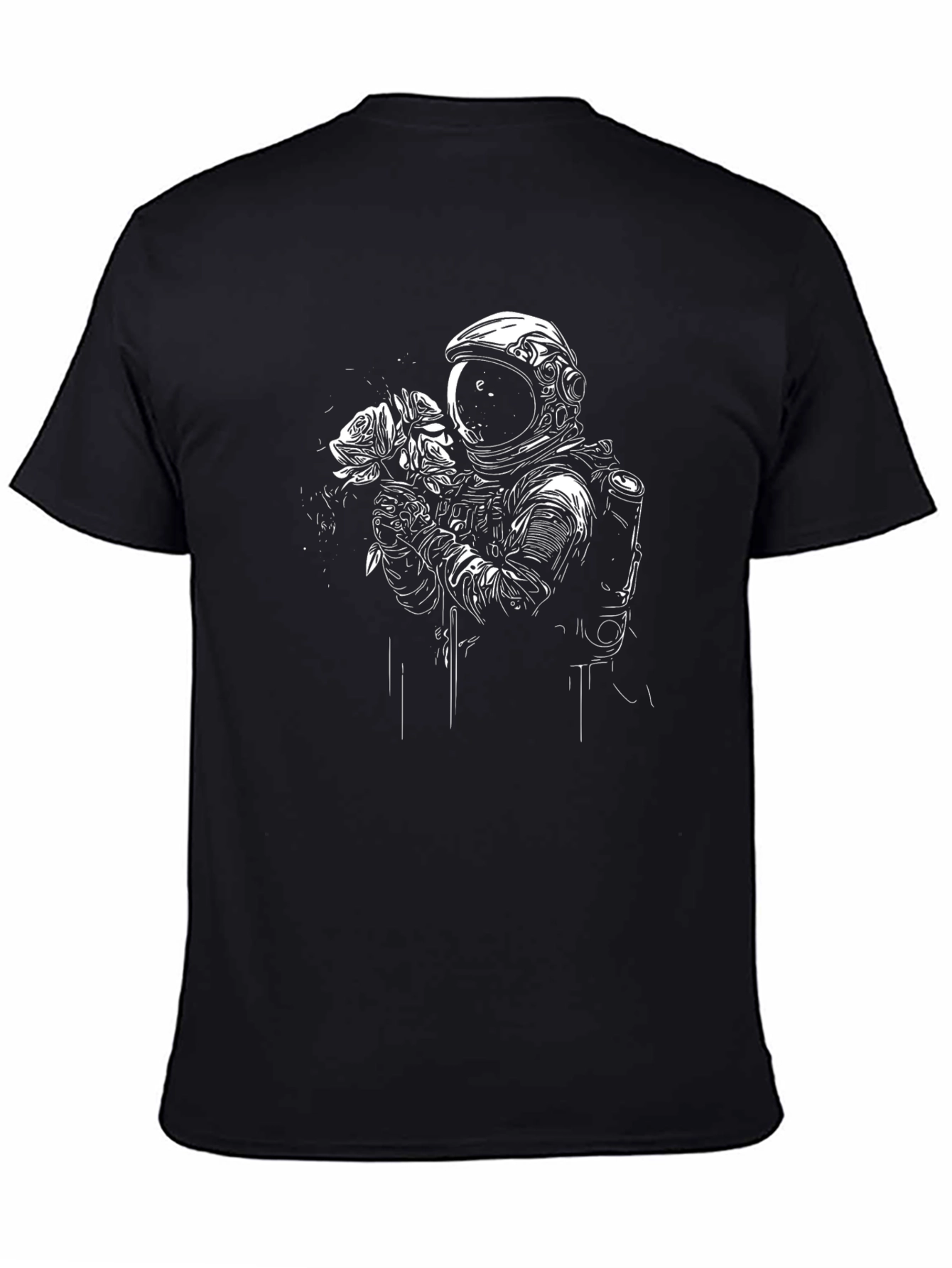 Astronaut Holding Roses Black T-Shirt