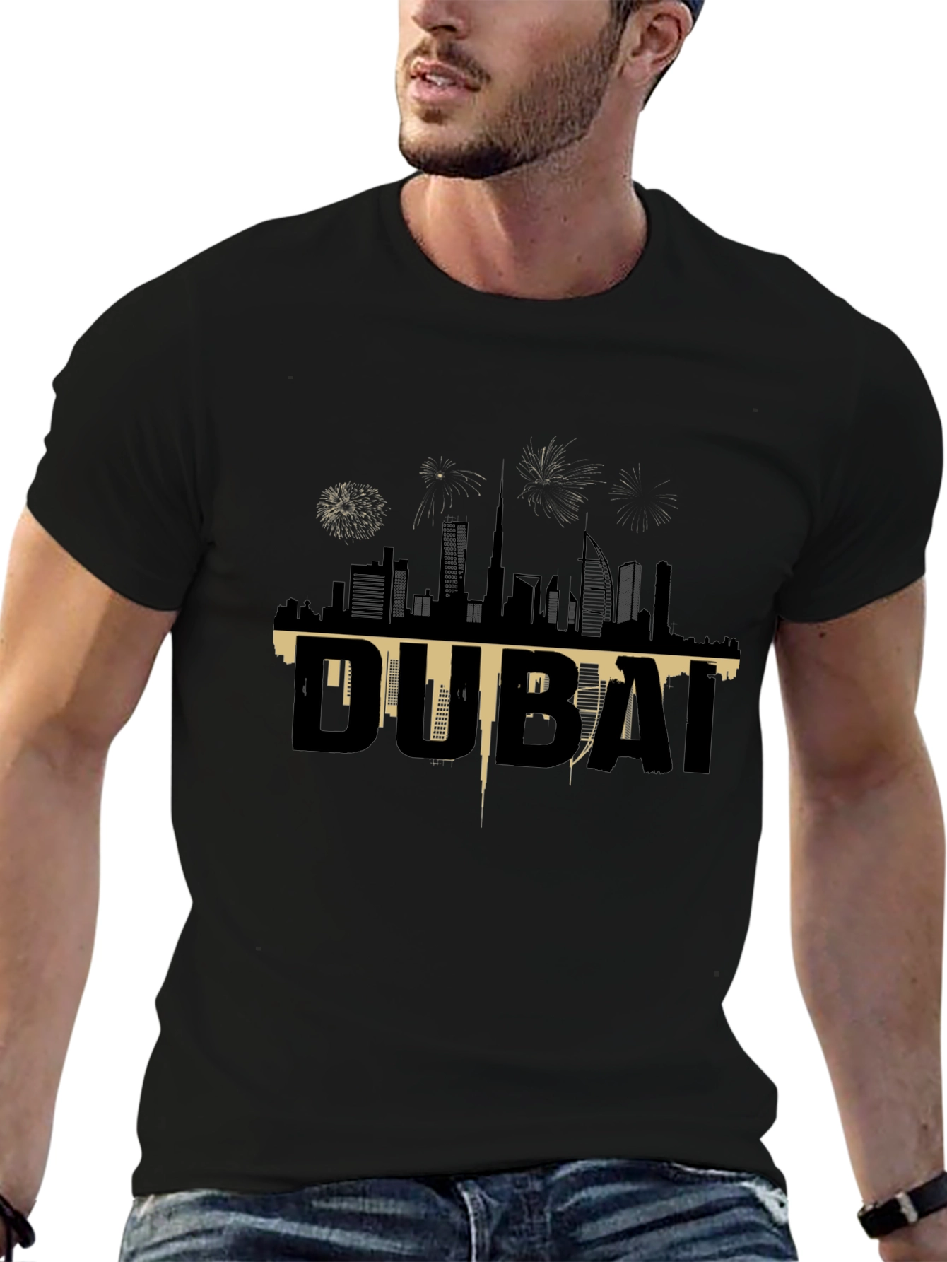 Dubai Skyline Graphic Tee - Black Cotton T-Shirt