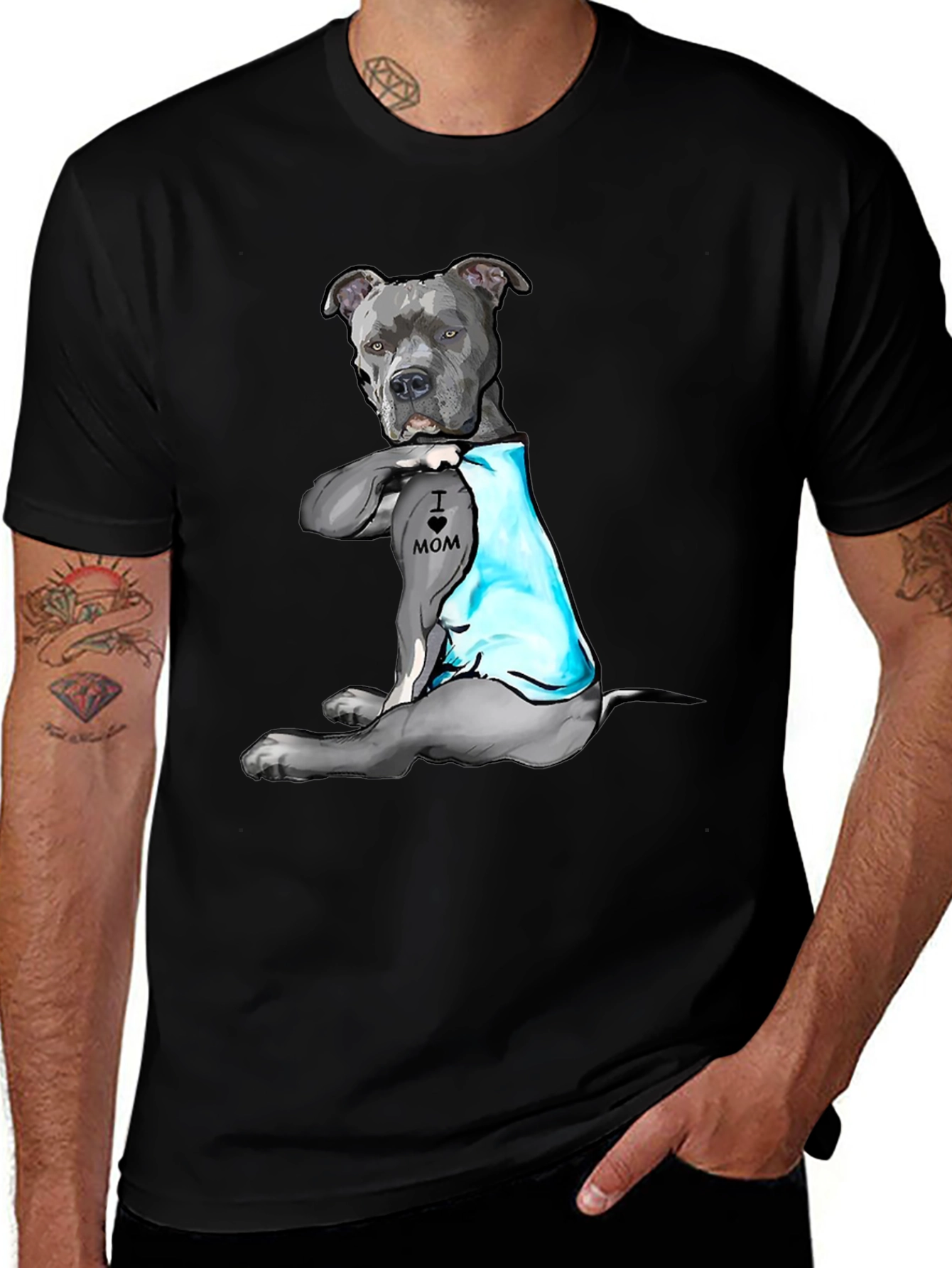 Pitbull Tattoo Mom Black T-Shirt