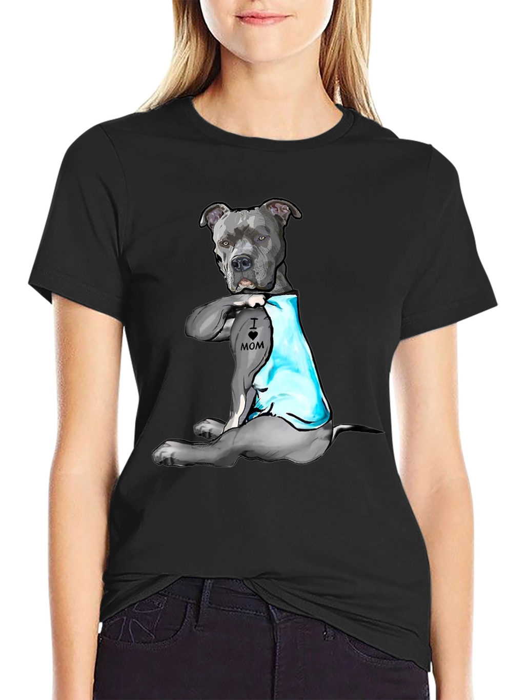 Pitbull Tattoo Mom Black T-Shirt
