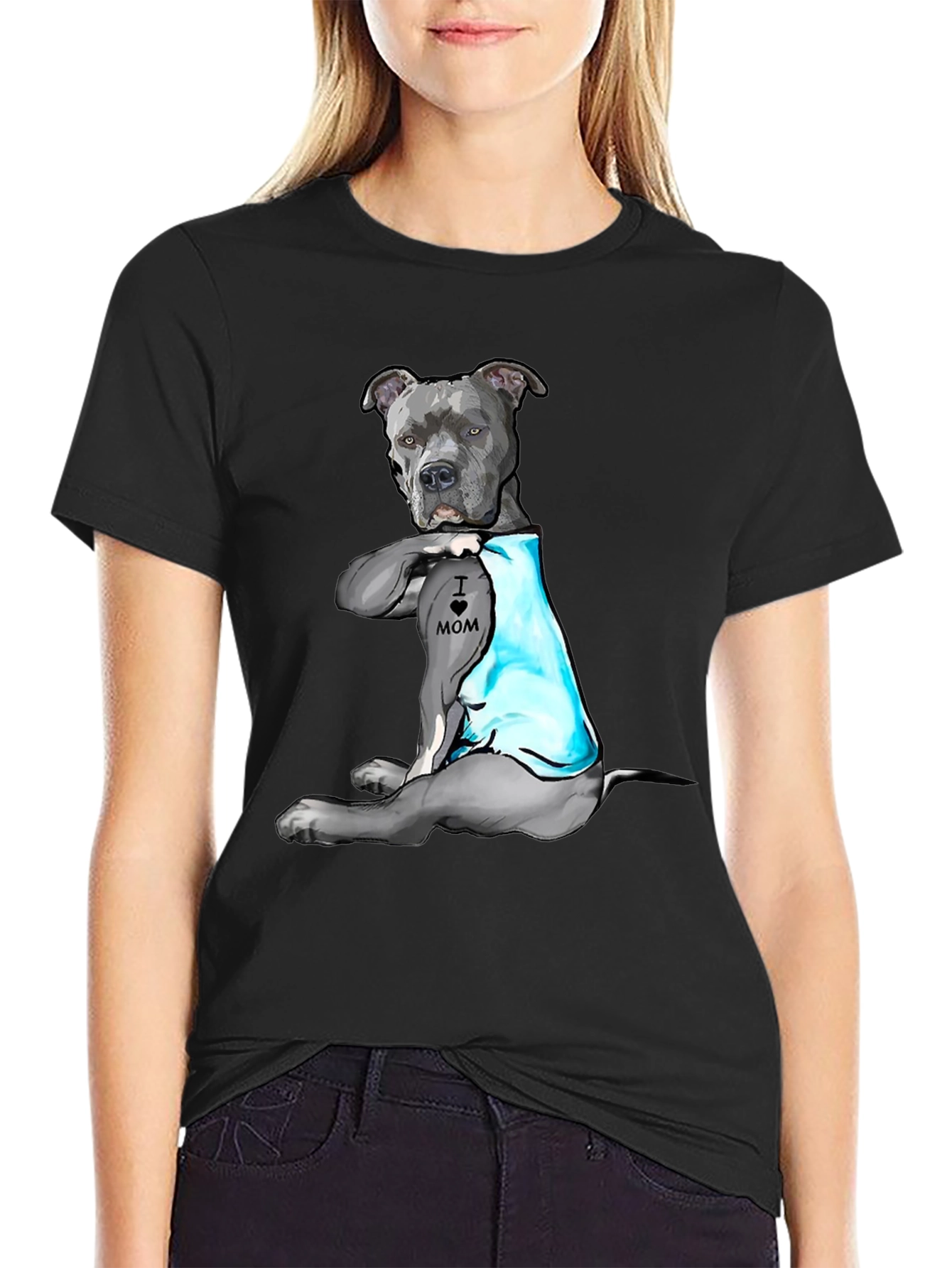 Pitbull Tattoo Mom Black T-Shirt