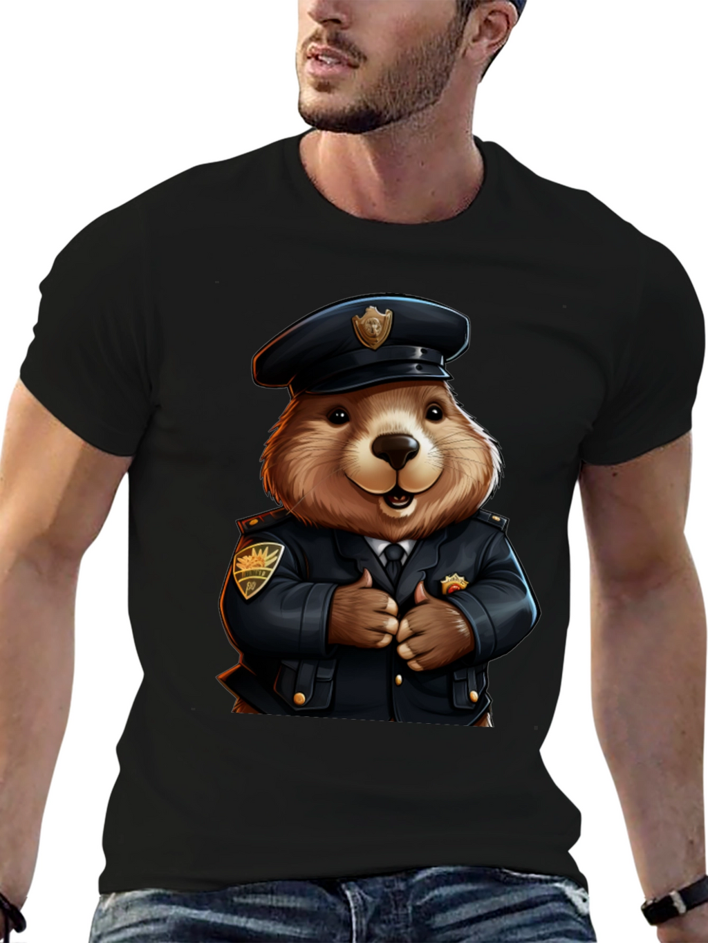 Police Beaver T-Shirt - Cartoon Style