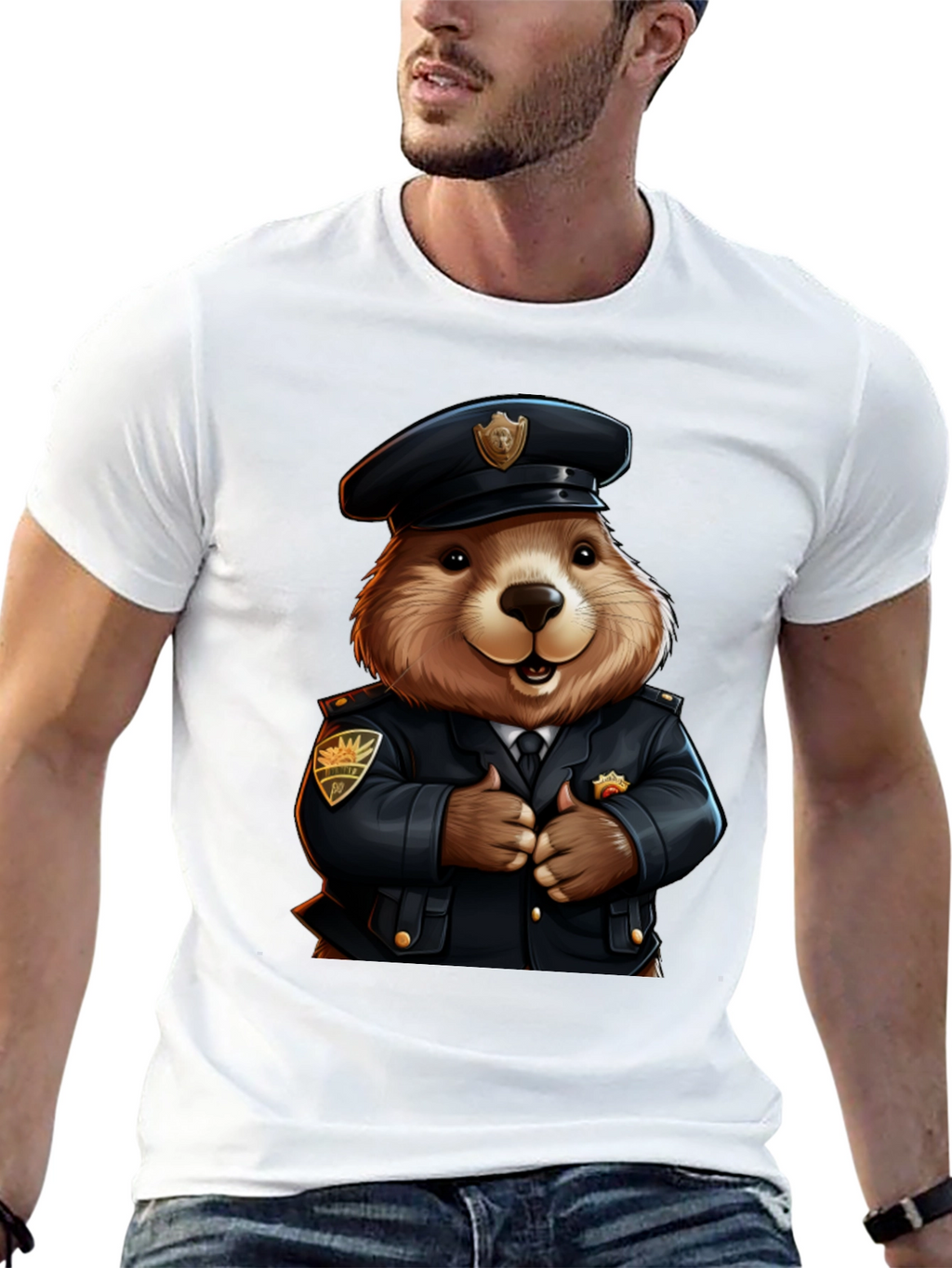 Police Beaver T-Shirt - Cartoon Style