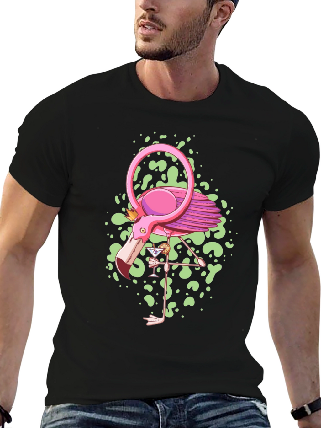 Whimsical Flamingo Graphic Tee - Black Cotton Blend