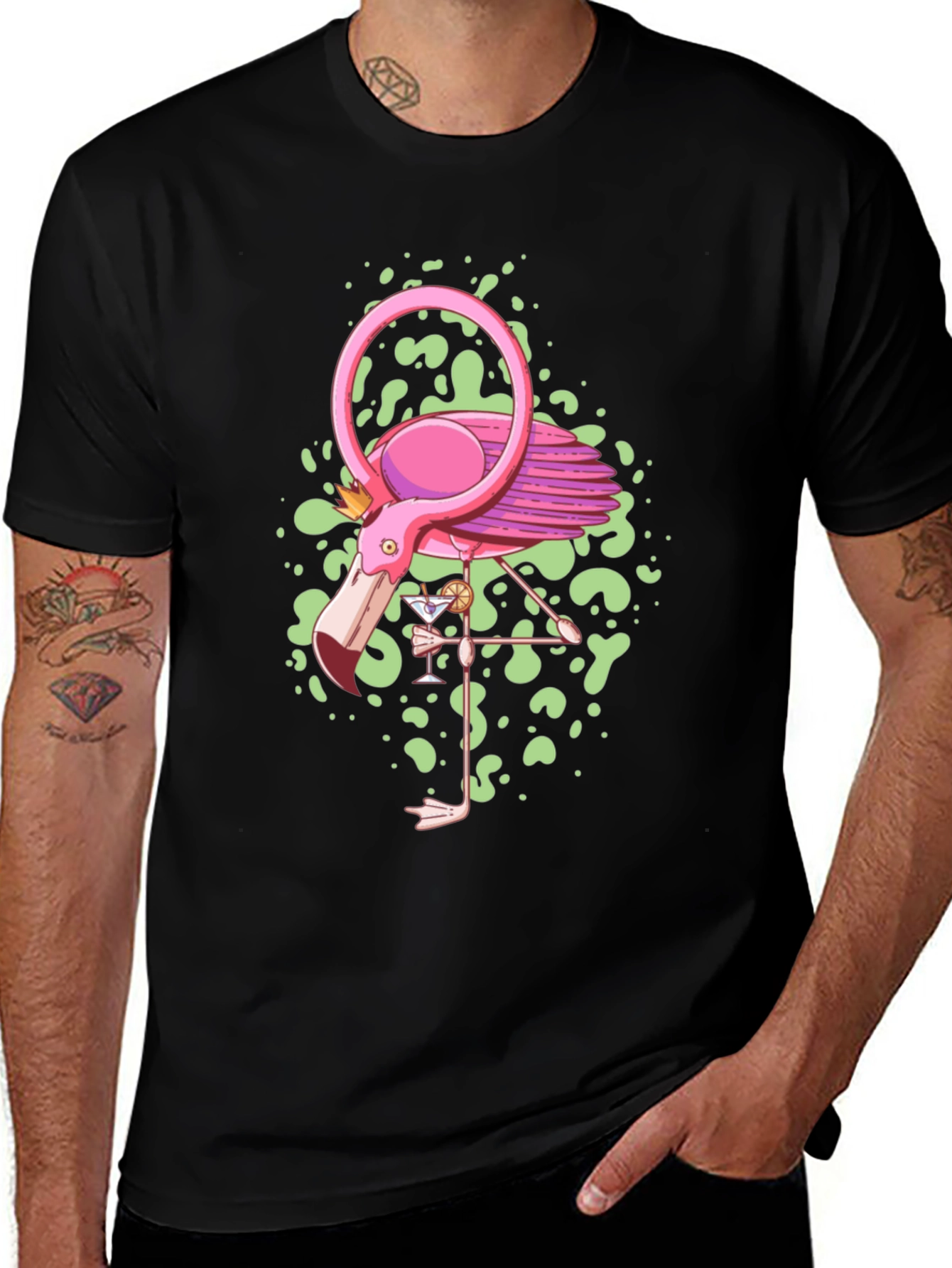 Whimsical Flamingo Graphic Tee - Black Cotton Blend