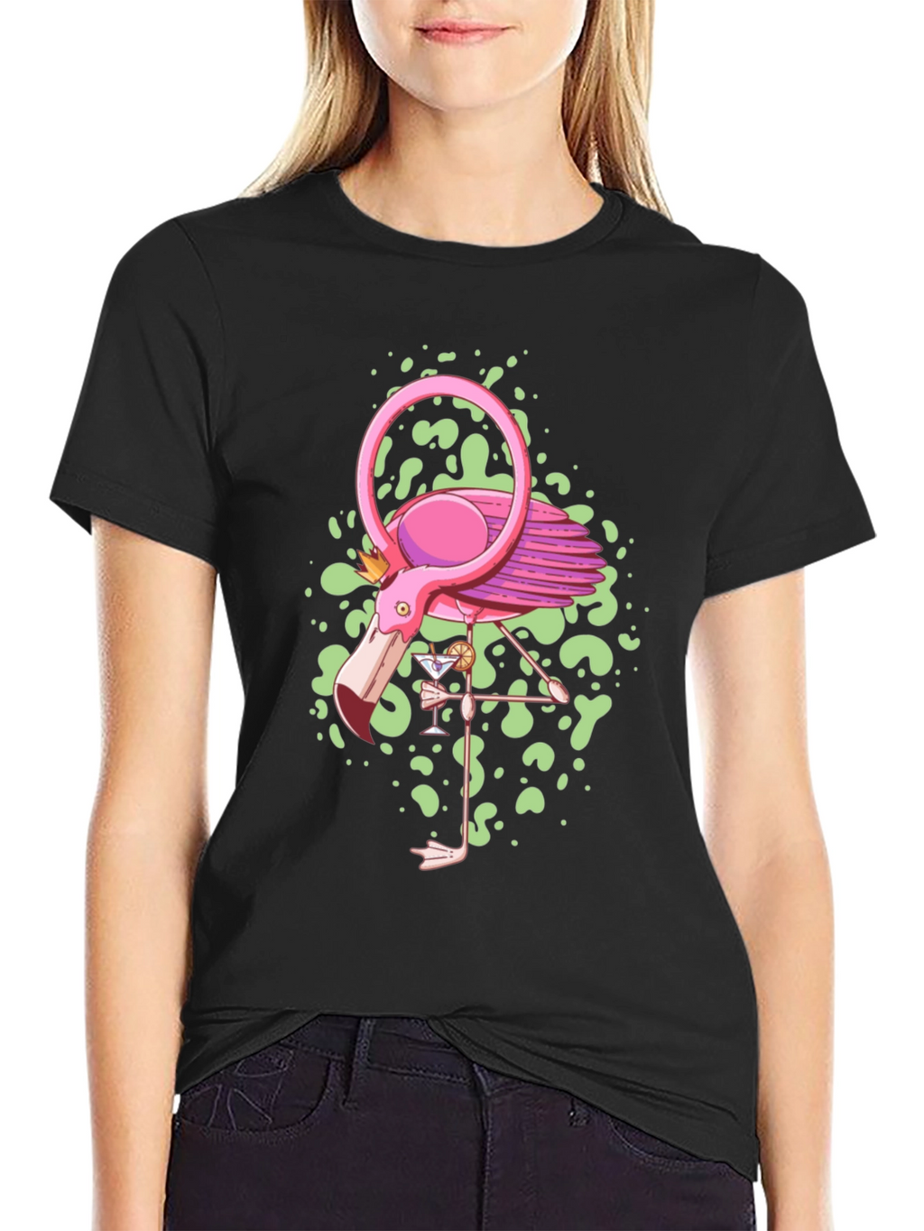 Whimsical Flamingo Graphic Tee - Black Cotton Blend