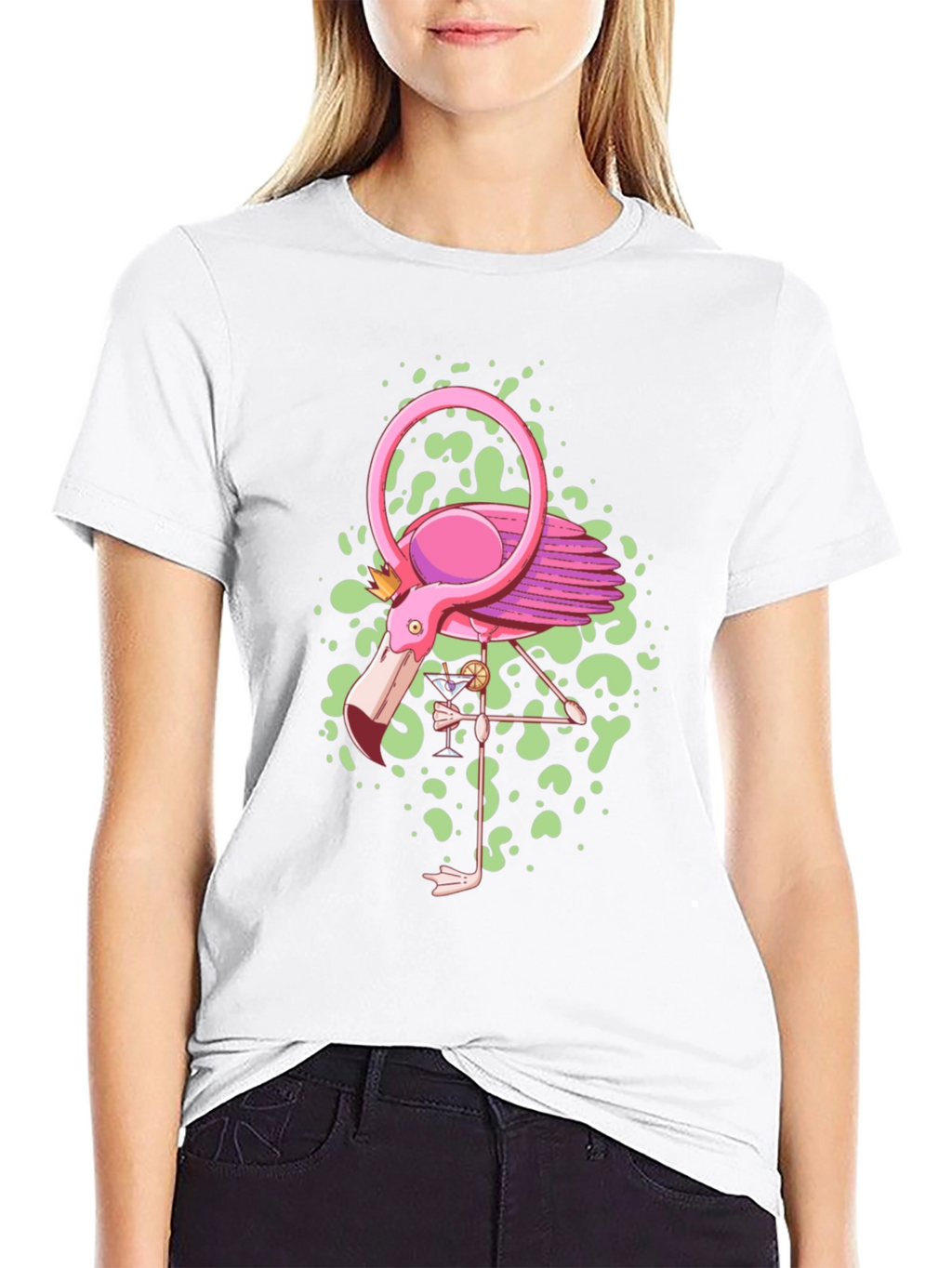 Whimsical Flamingo Graphic Tee - Black Cotton Blend