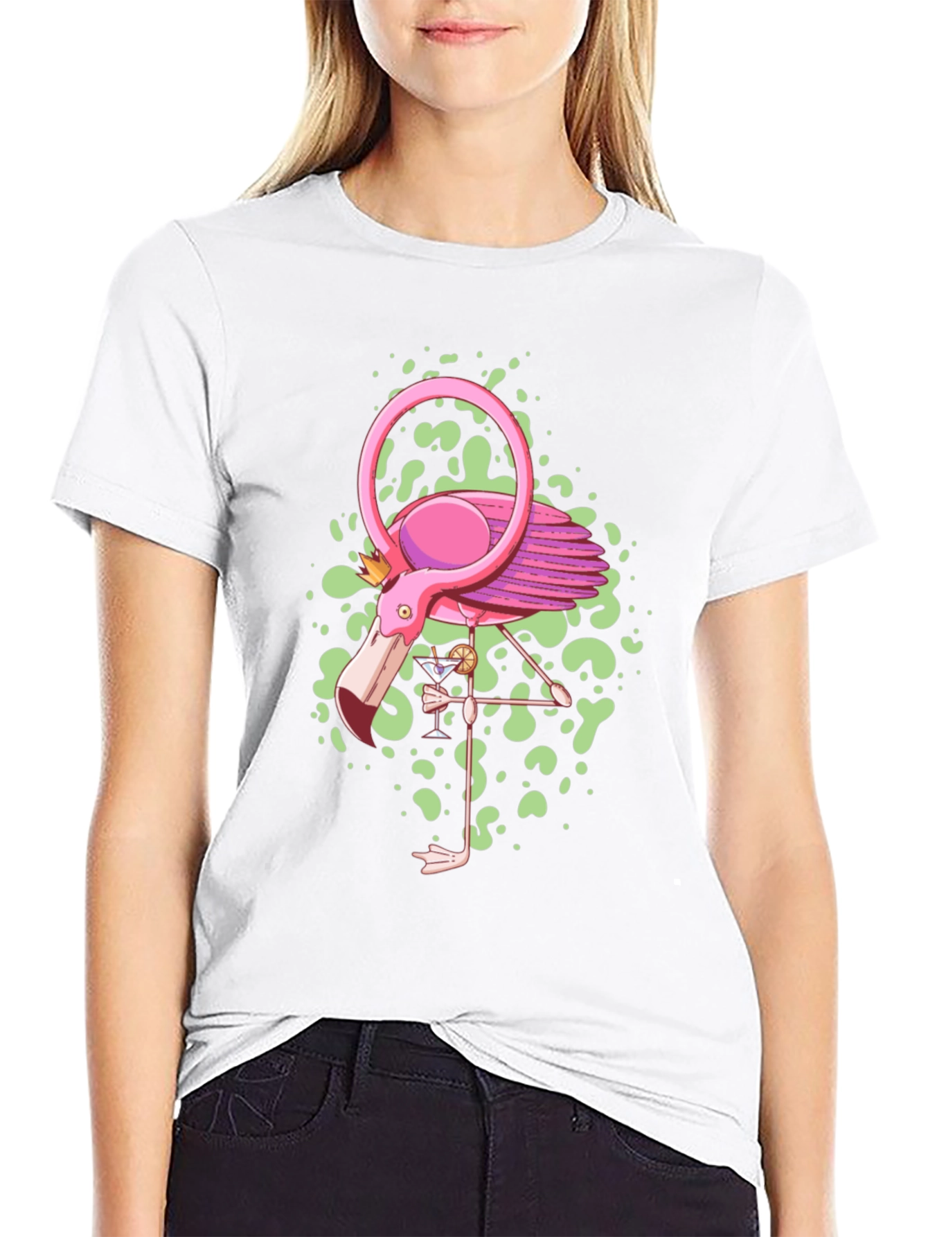 Whimsical Flamingo Graphic Tee - Black Cotton Blend