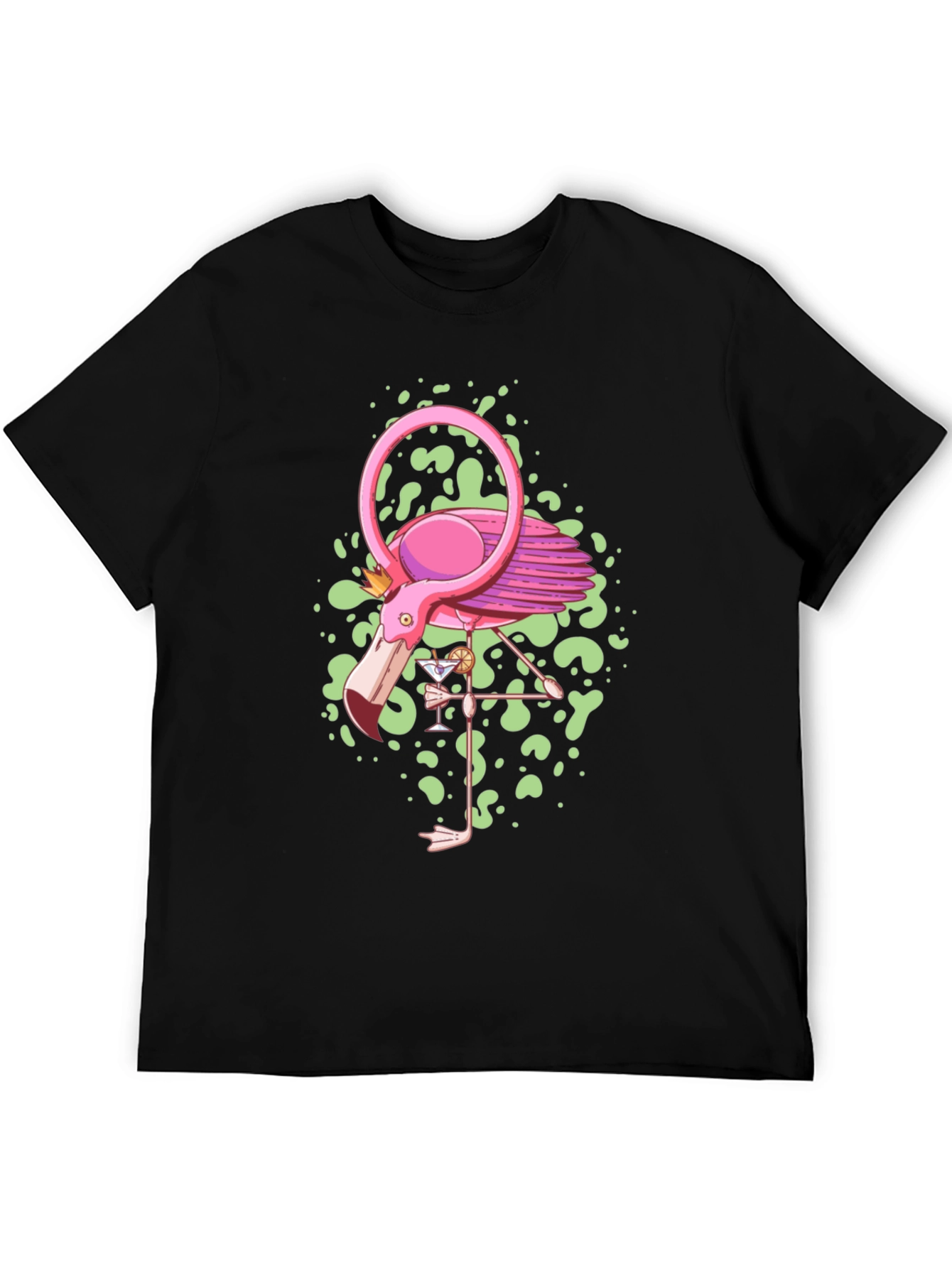 Whimsical Flamingo Graphic Tee - Black Cotton Blend
