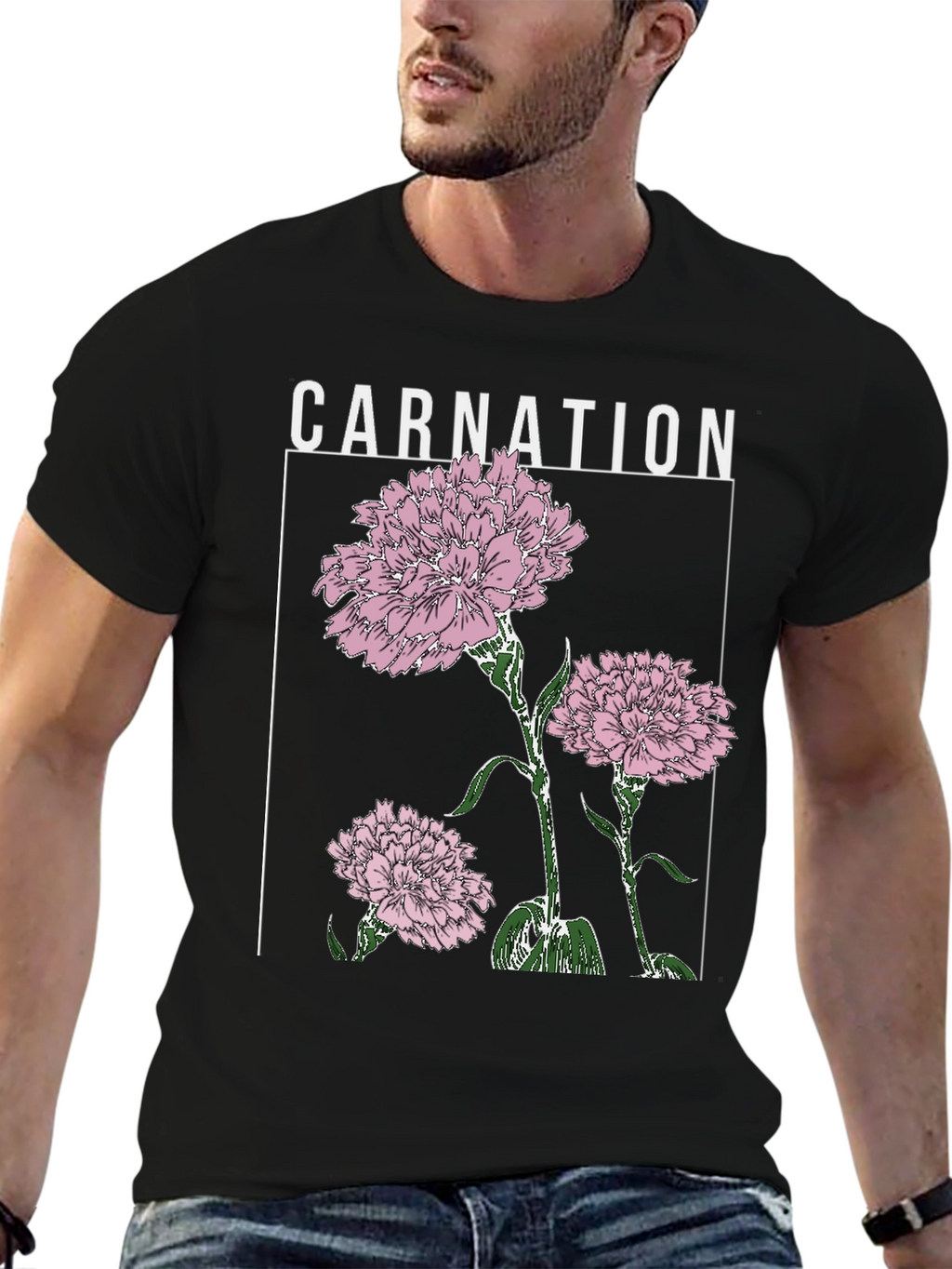 Carnation Flower Graphic Print Black T-Shirt