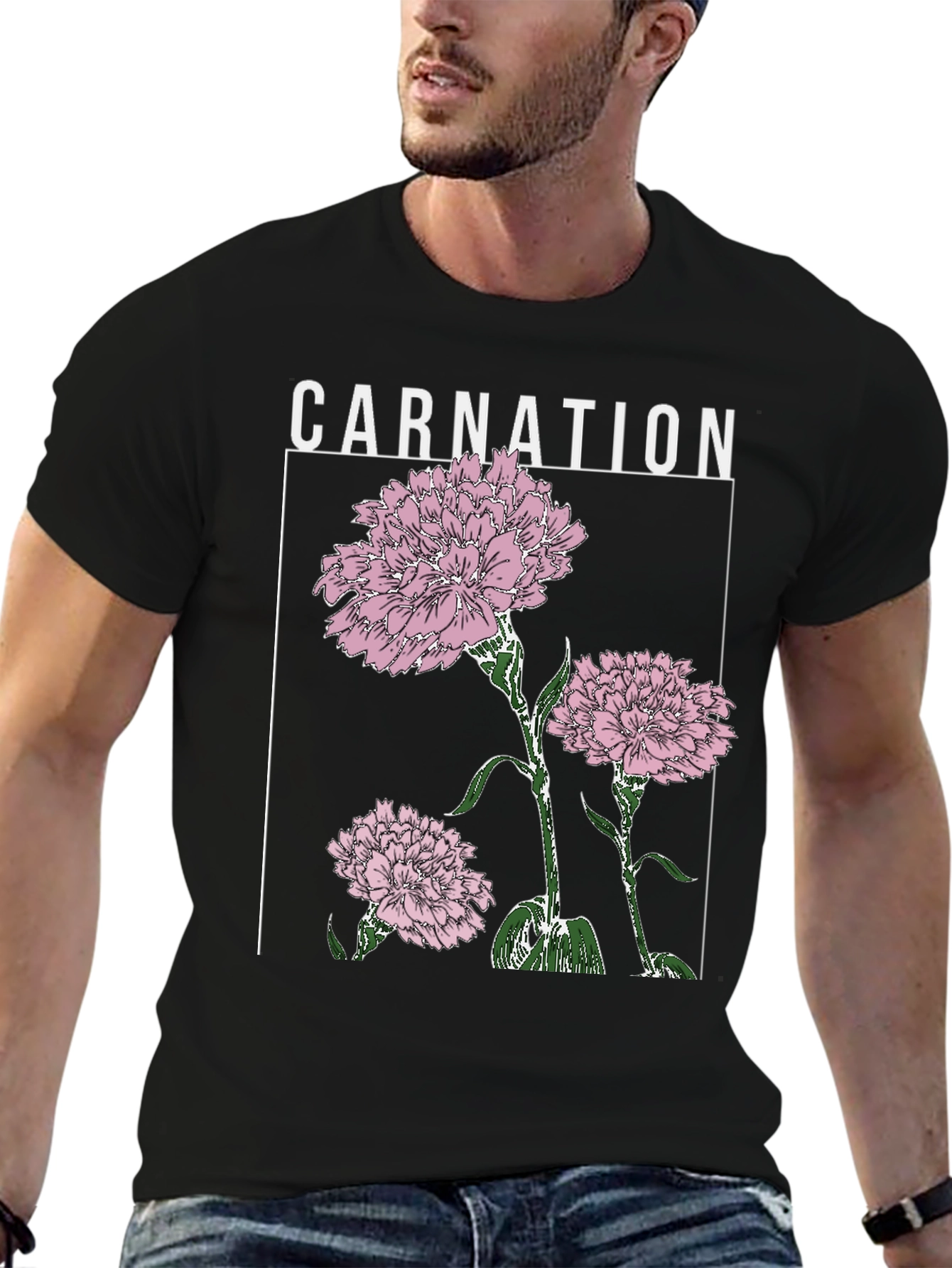 Carnation Flower Graphic Print Black T-Shirt
