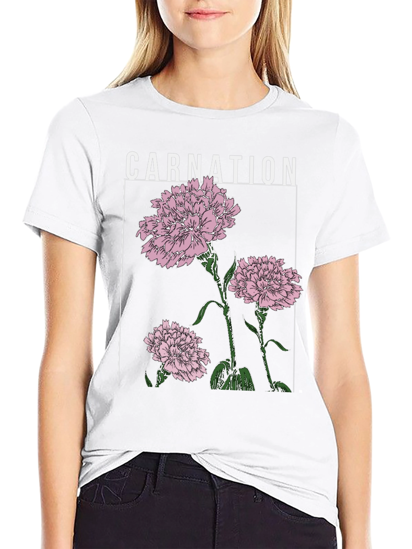 Carnation Flower Graphic Print Black T-Shirt