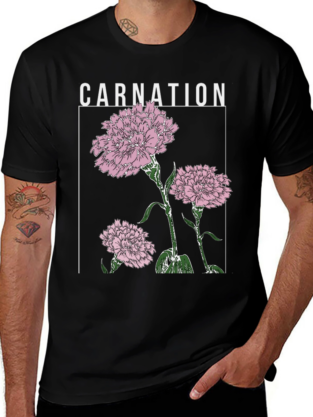 Carnation Flower Graphic Print Black T-Shirt