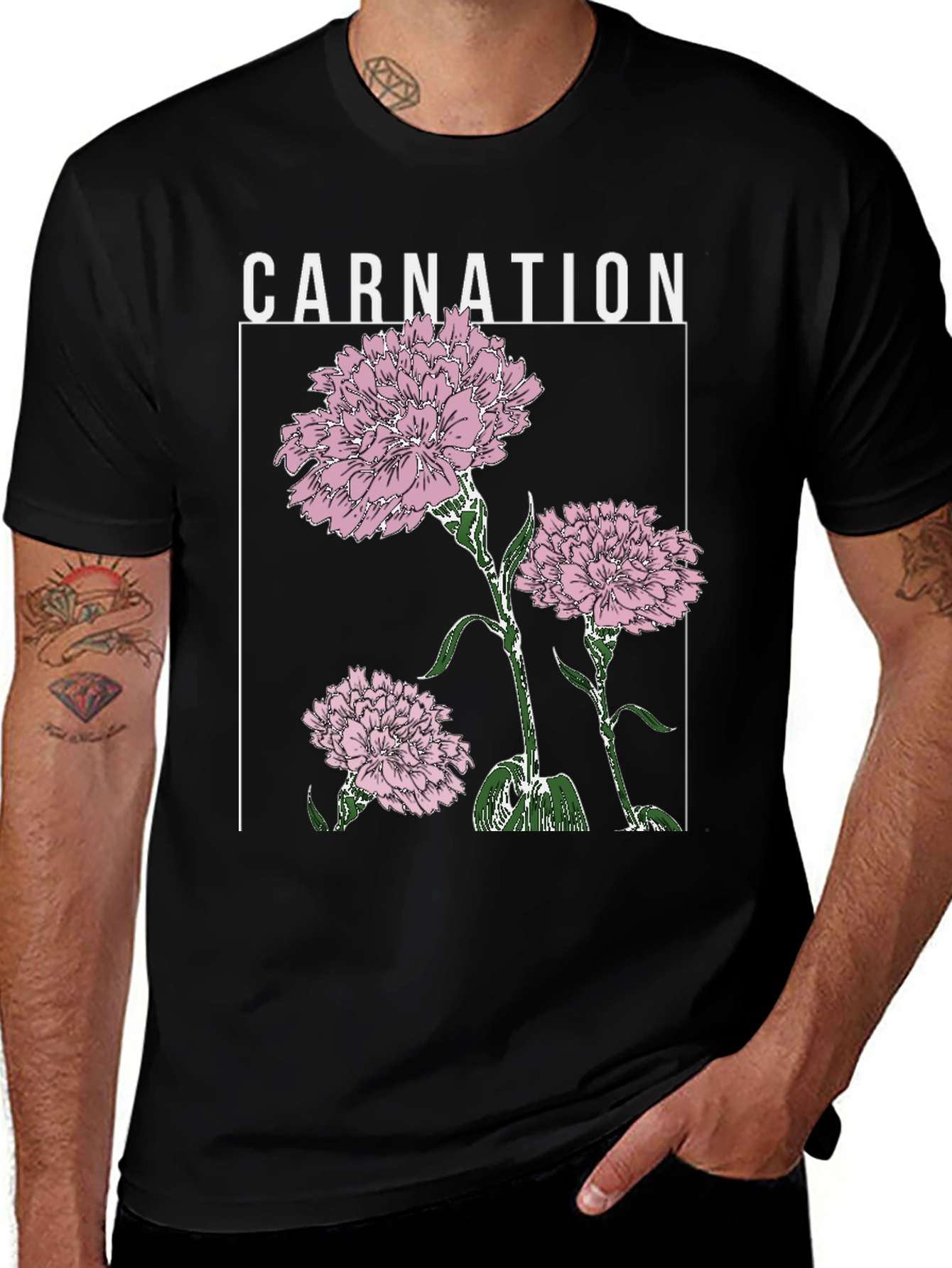 Carnation Flower Graphic Print Black T-Shirt