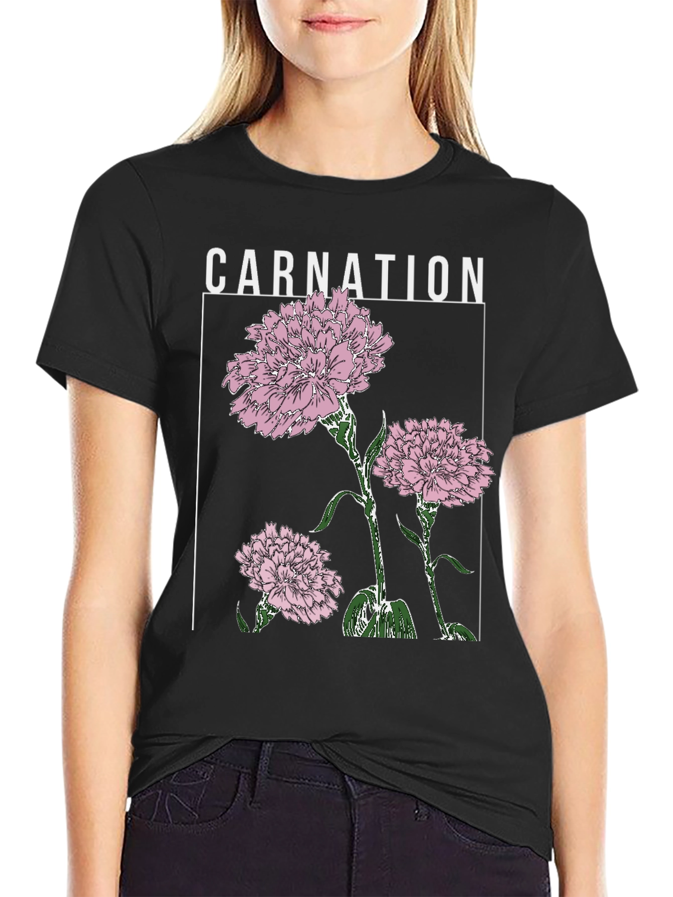 Carnation Flower Graphic Print Black T-Shirt