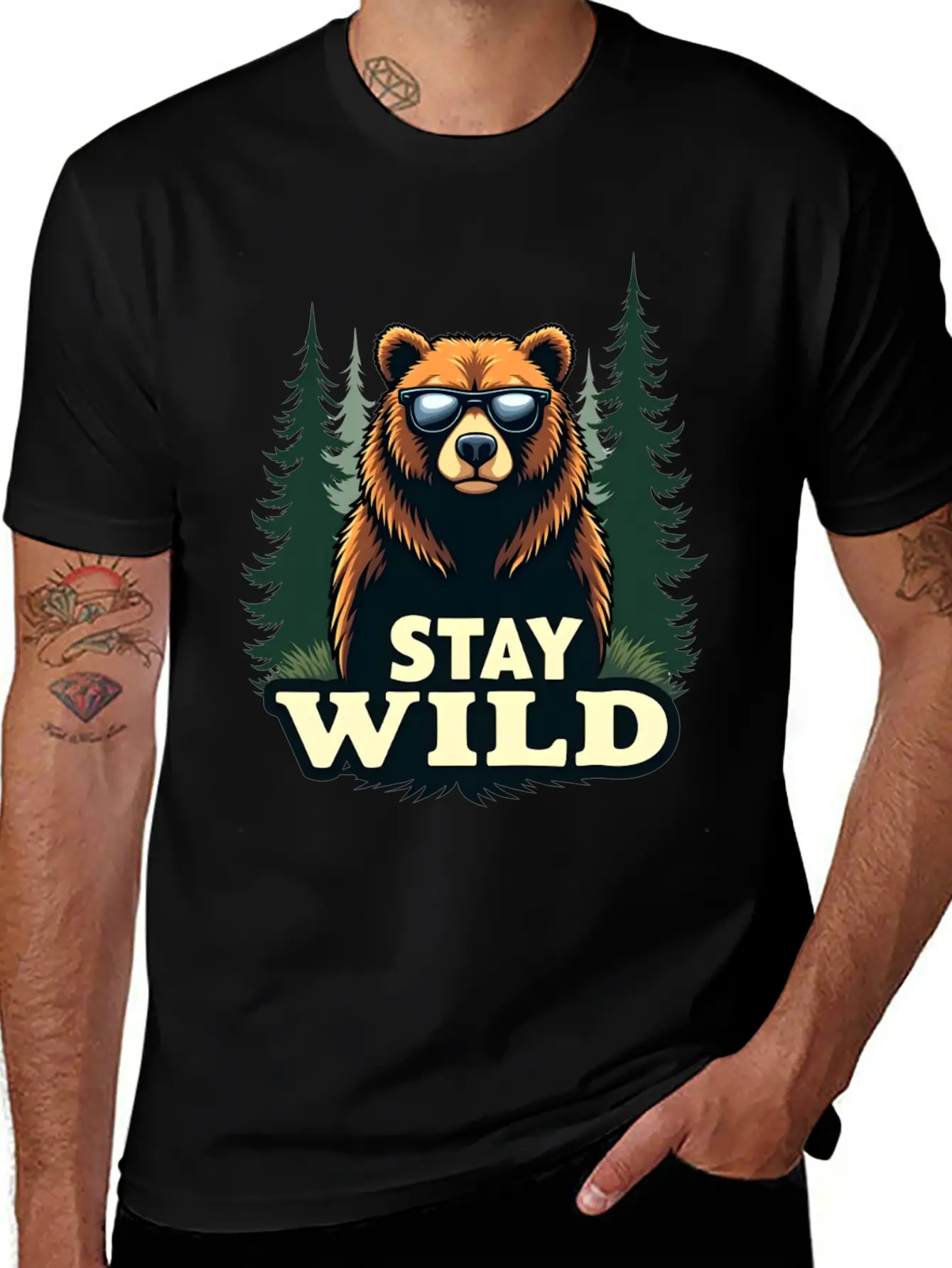 A Bear Wearing Sunglasses And Says: "Stay Wild" Unisex Short Sleeve Soft Cotton T-Shirt – Casual Everyday Wear