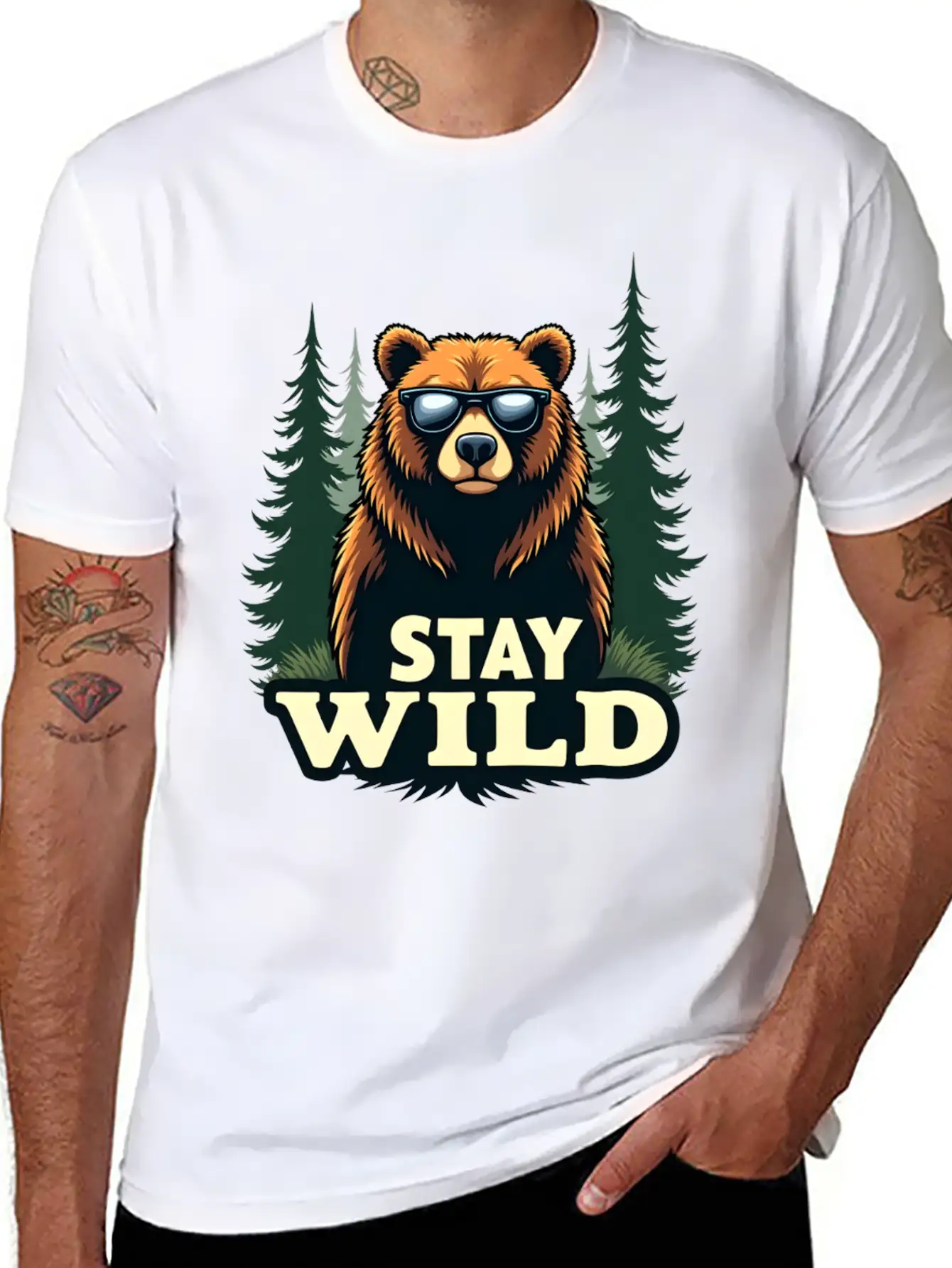 A Bear Wearing Sunglasses And Says: "Stay Wild" Unisex Short Sleeve Soft Cotton T-Shirt – Casual Everyday Wear
