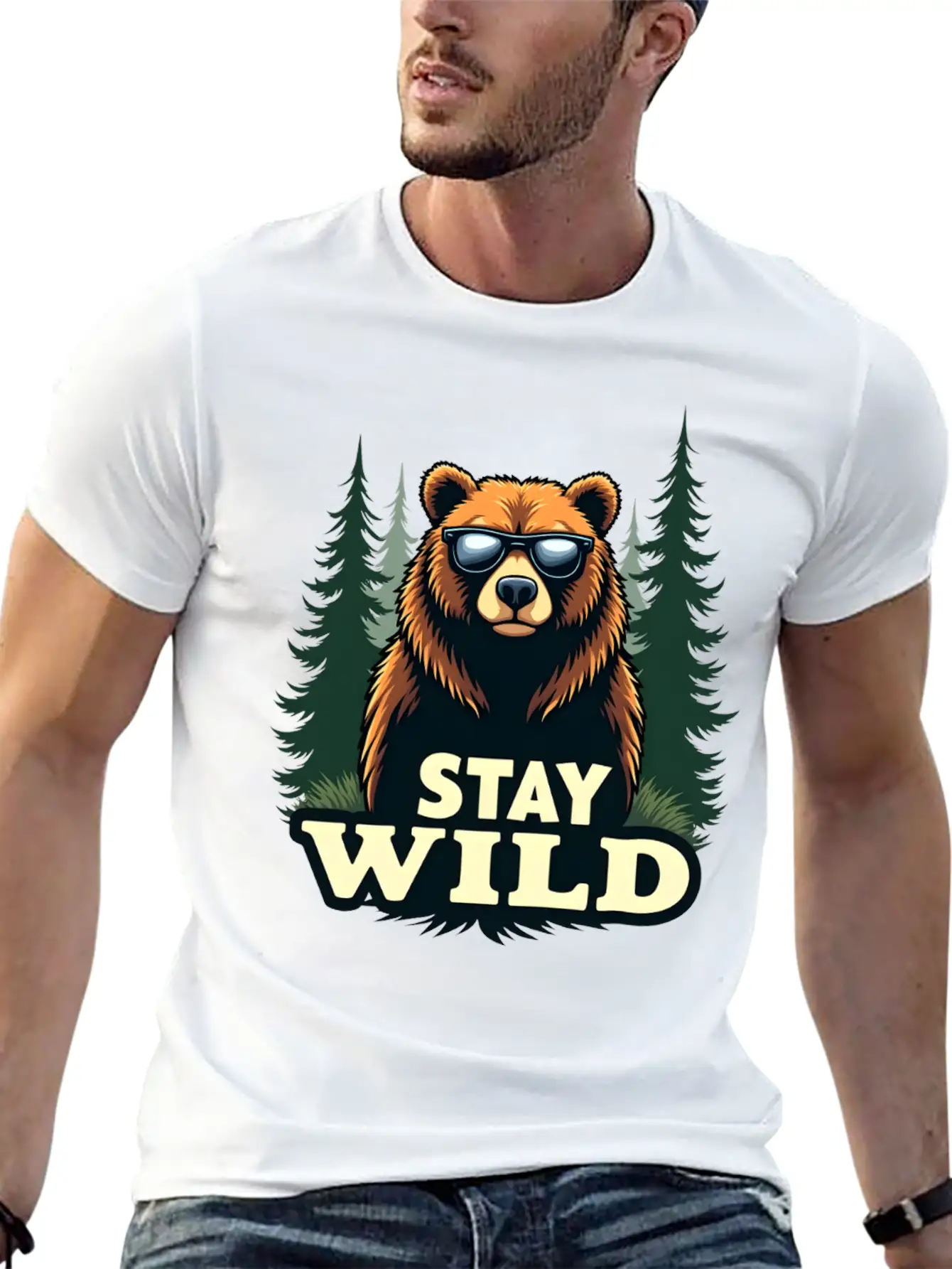 A Bear Wearing Sunglasses And Says: "Stay Wild" Unisex Short Sleeve Soft Cotton T-Shirt – Casual Everyday Wear