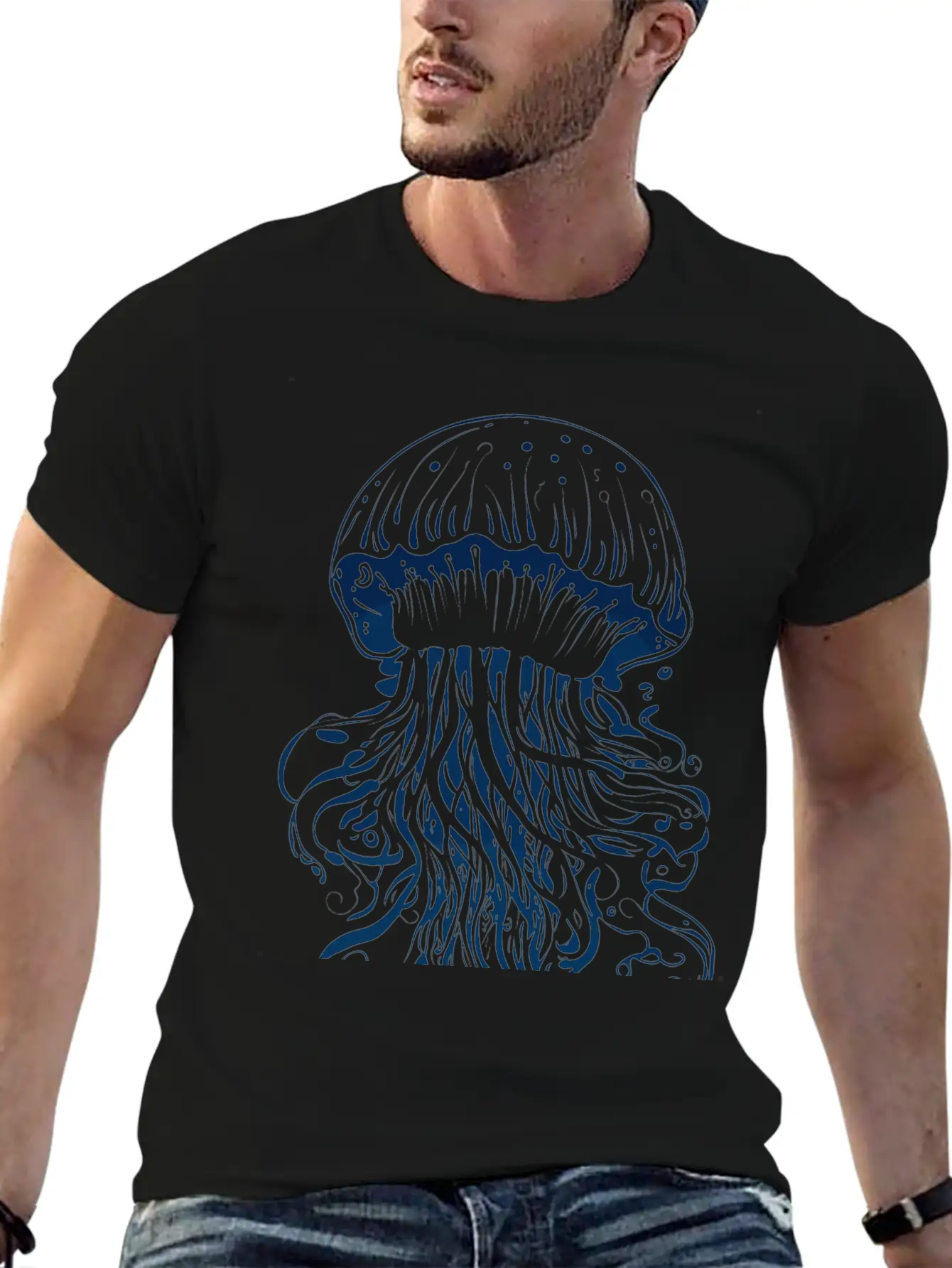A Blue Jellyfish Ink Drawing Unisex Casual T-Shirt – Clean Design For Daily Comfort