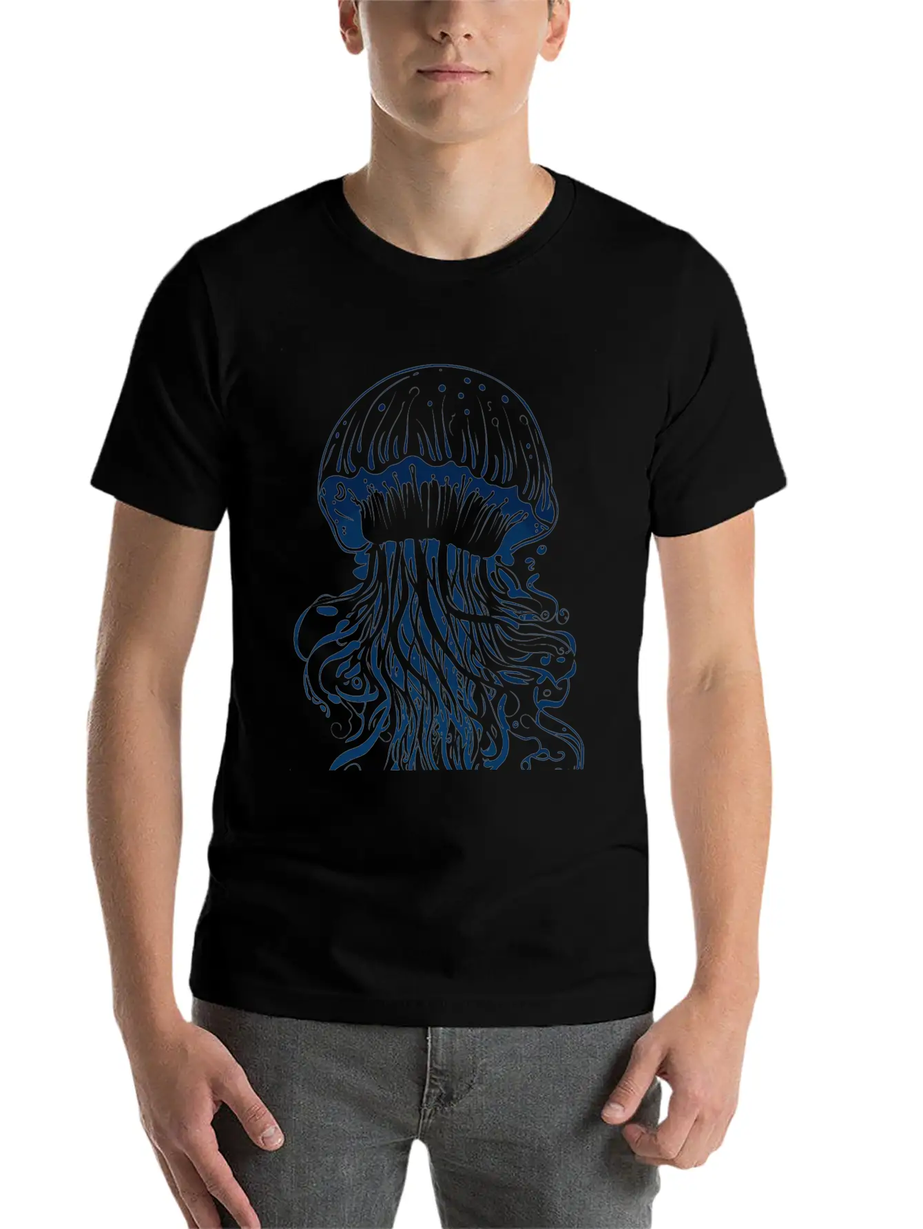A Blue Jellyfish Ink Drawing Unisex Casual T-Shirt – Clean Design For Daily Comfort
