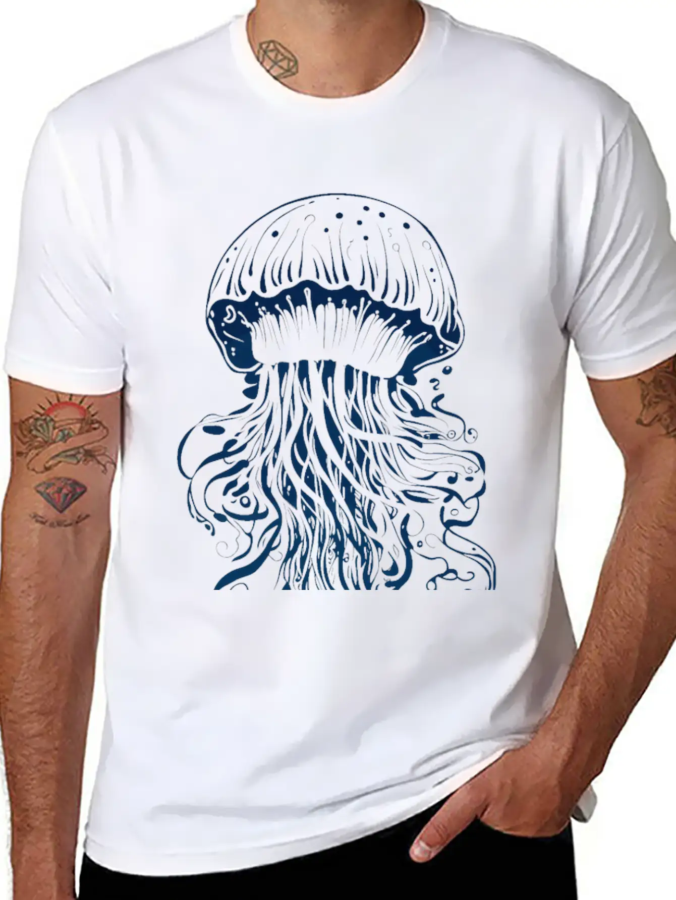 A Blue Jellyfish Ink Drawing Unisex Casual T-Shirt – Clean Design For Daily Comfort